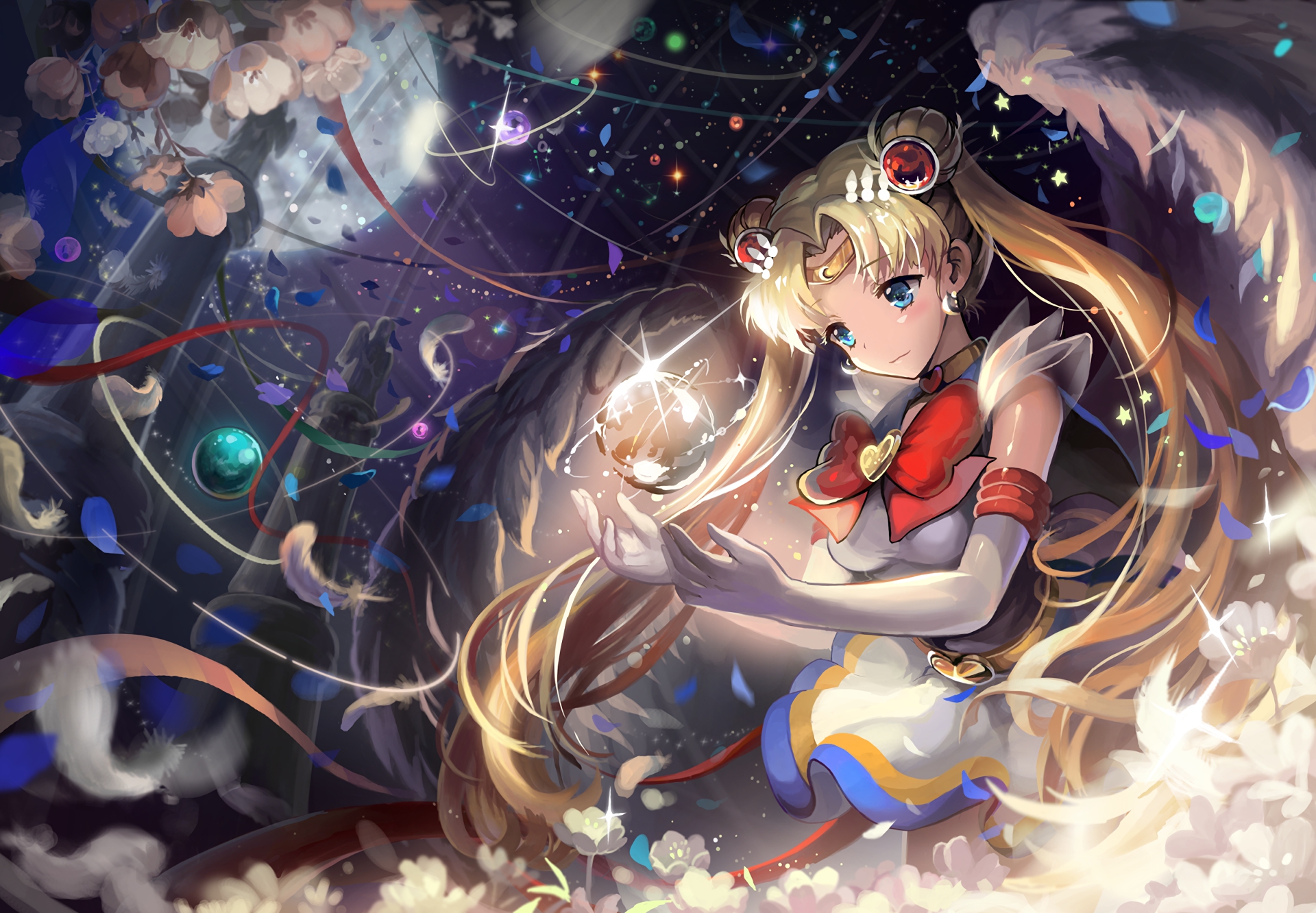 Magical Sailor Moon with Crystal Ball: A stunning anime-style wallpaper featuring Sailor Moon amidst sparkling stars and cherry blossoms, holding a glowing crystal ball