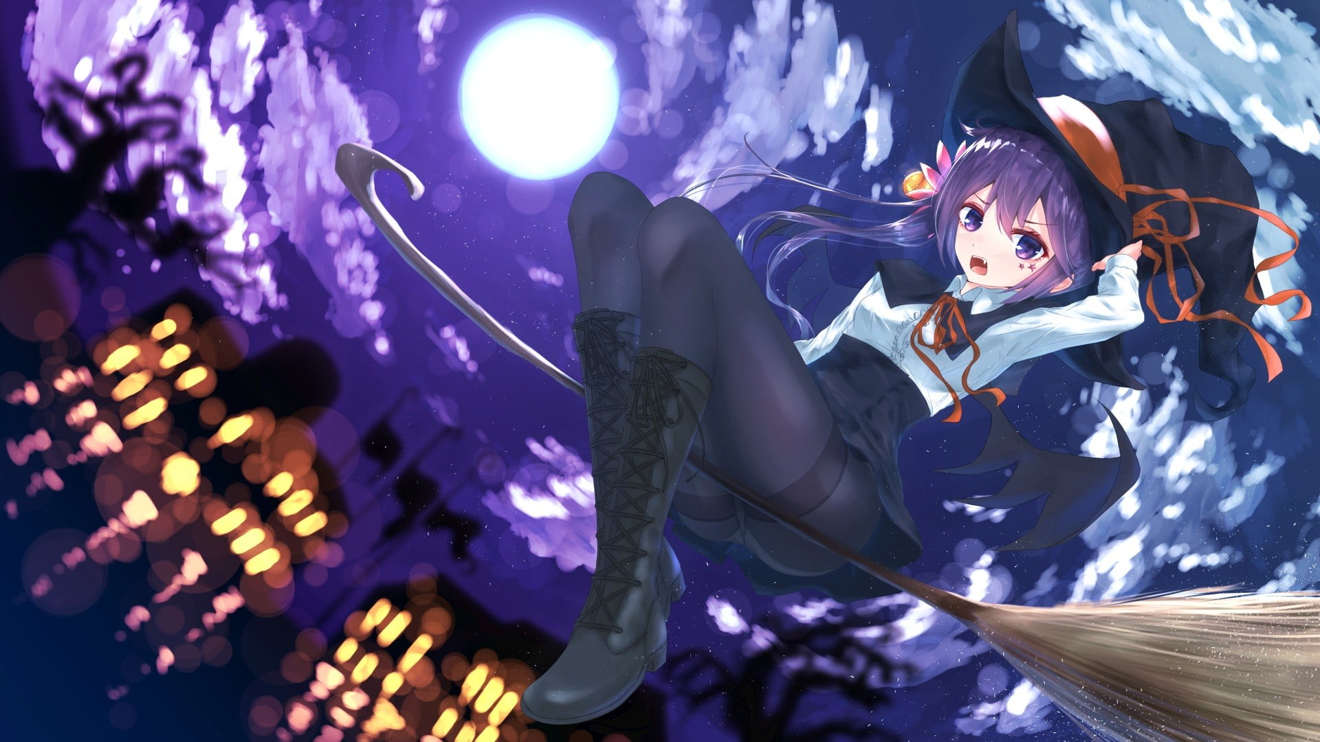 Female Animation Character Riding On Broomstick Graphic Wallpaper