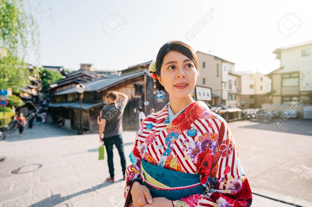 Tourist Visiting Japanese Town With Kimono Foreigner Photographer