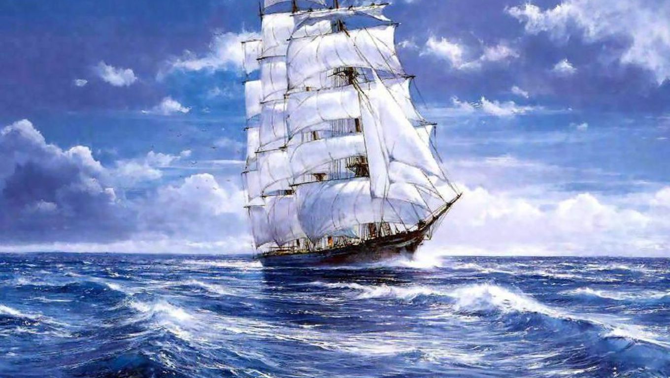 With all sails billowing beneath a fair wind