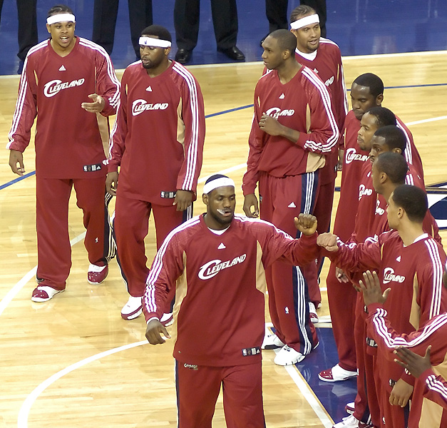 Lebron James Greets His Teammates During Pre Game Introductions