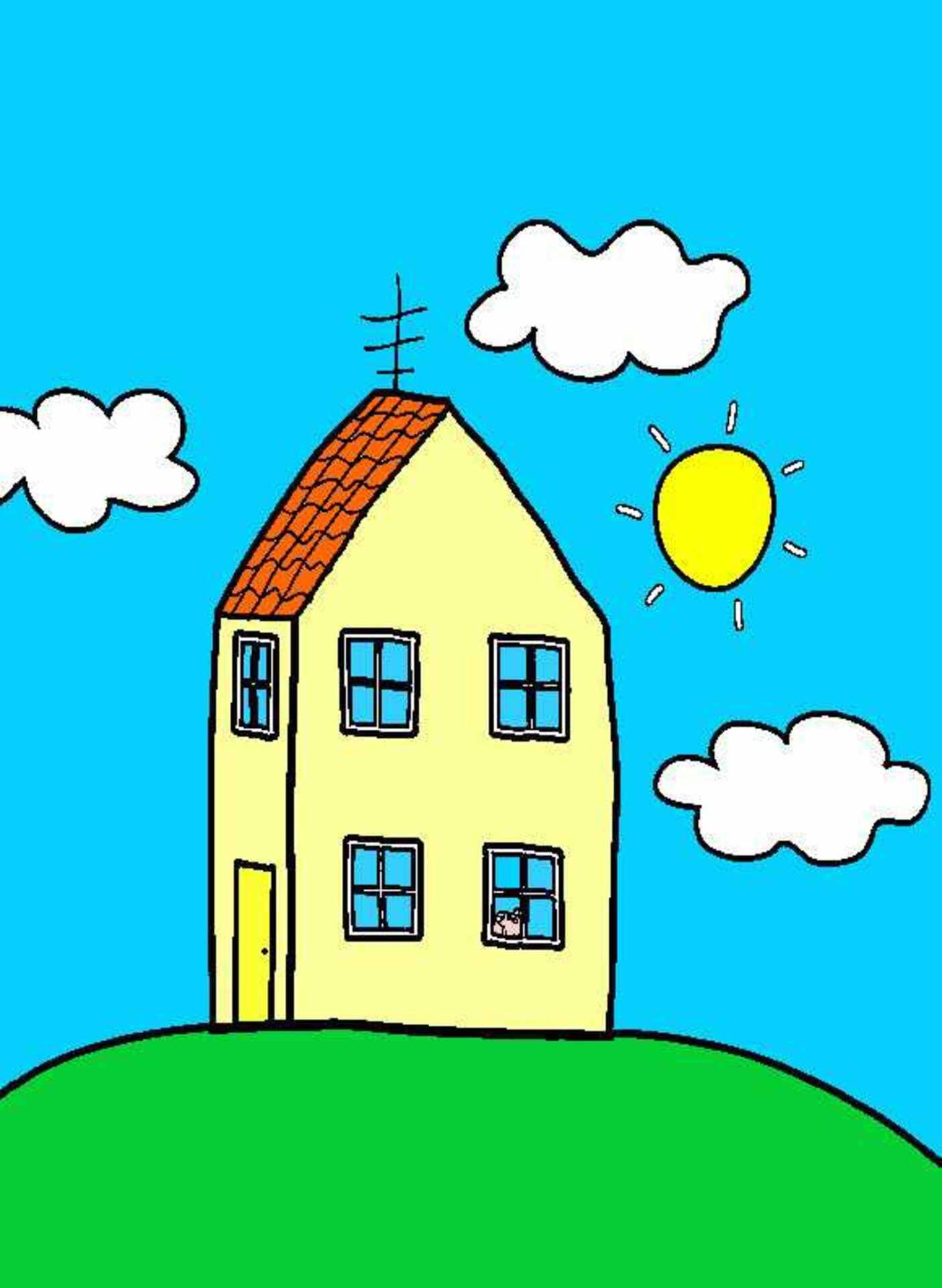 A child's drawing of Peppa Pig's house on a sunny day. The house is yellow with an orange roof and an antenna, set on a green hill. Peppa can be seen looking out of the window, with white clouds and a bright yellow sun in the blue sky