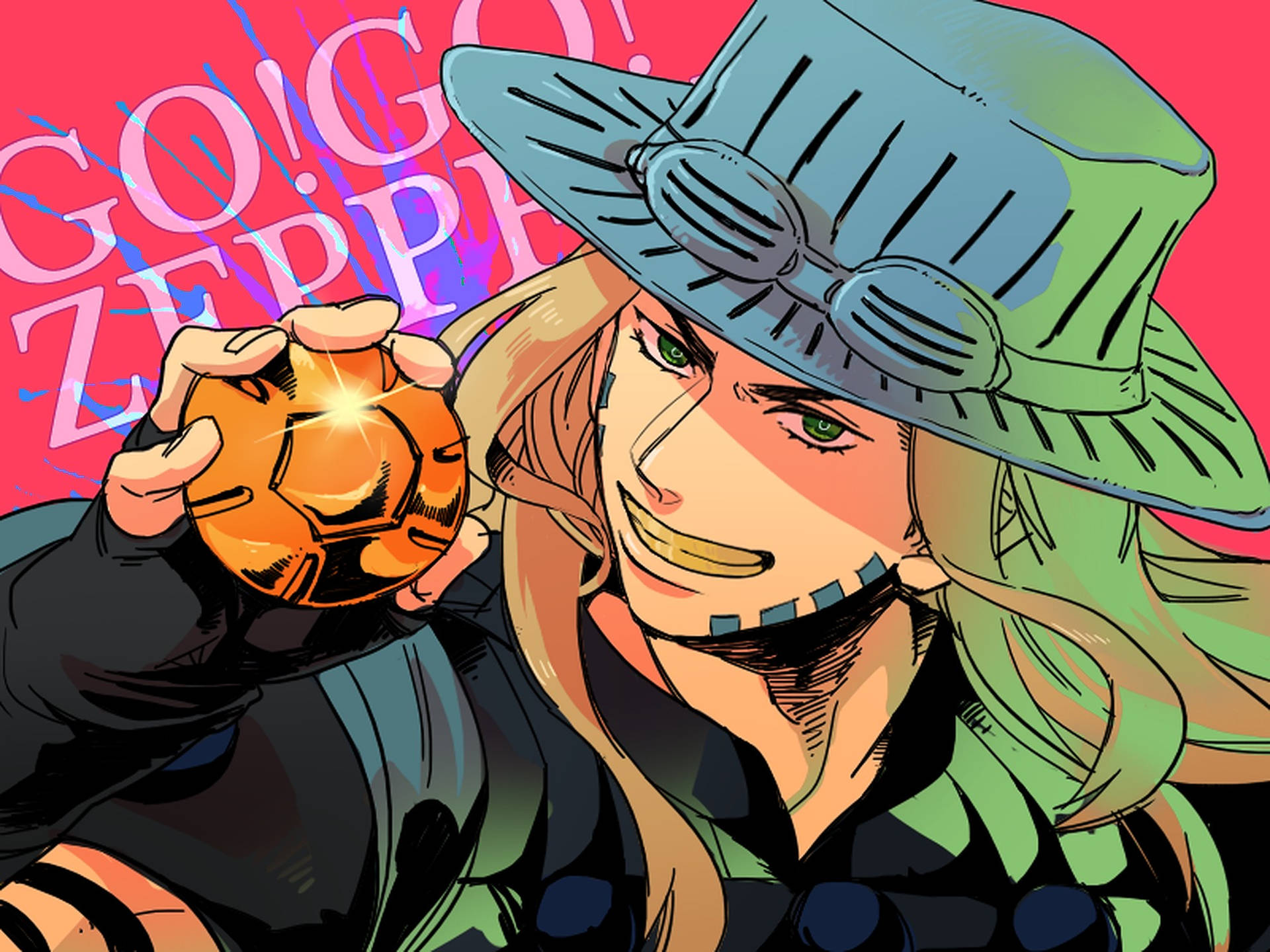 A dynamic, close-up illustration of Gyro Zeppeli from JoJo's Bizarre Adventure, holding a Steel Ball and wearing his iconic hat and goggles. The background features the words 'Go! Go! Zeppeli'