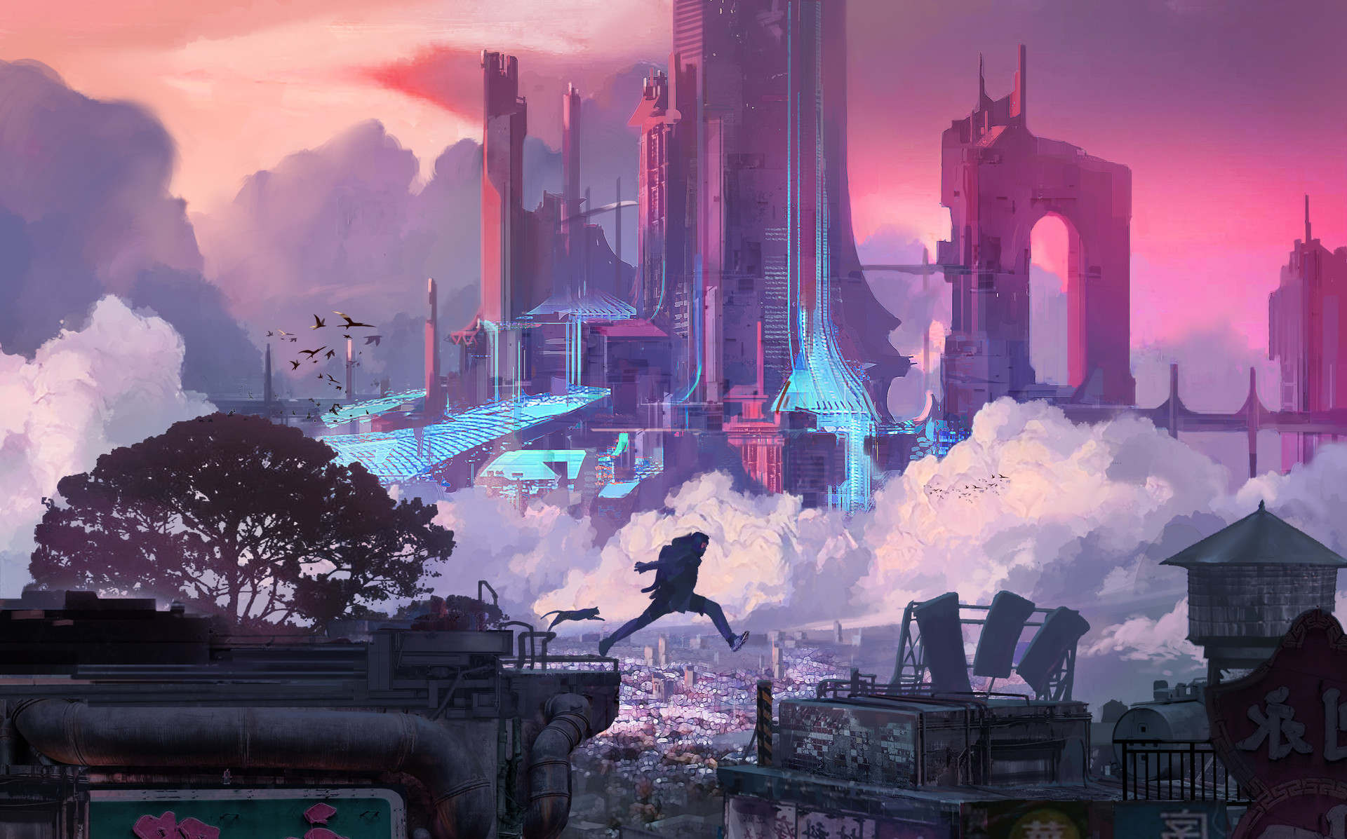 A cyberpunk cityscape with a person leaping across rooftops, a cat following closely behind. Futuristic buildings rise above the clouds, and a vibrant sunset paints the sky in shades of pink and purple