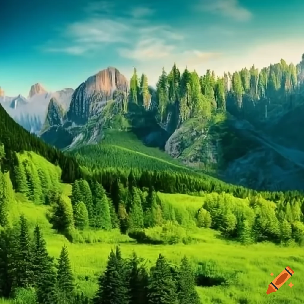 Scenic green landscape with trees and river flowing through valley