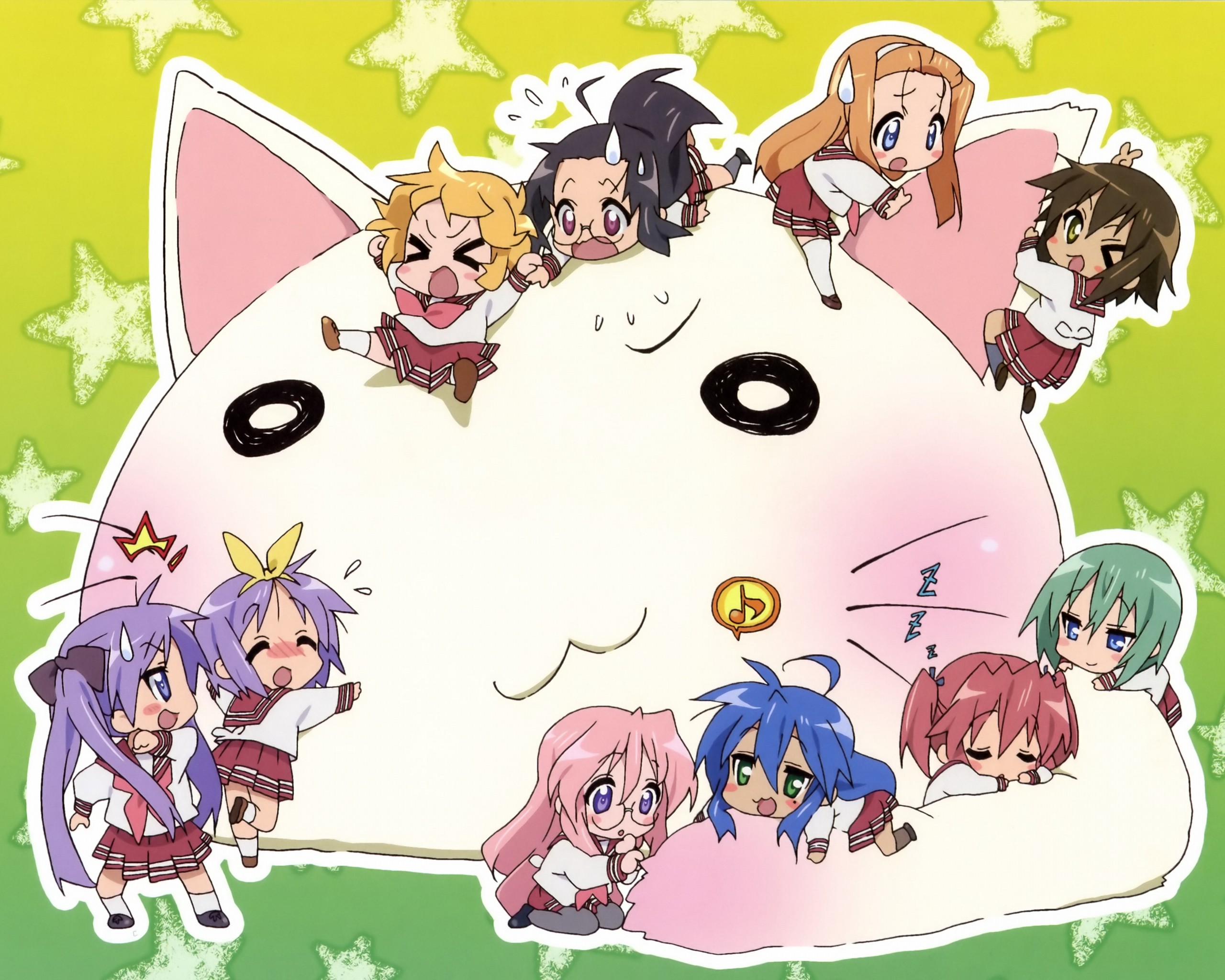 Cute anime girls playing on a giant cat character in a Japanese anime style wallpaper