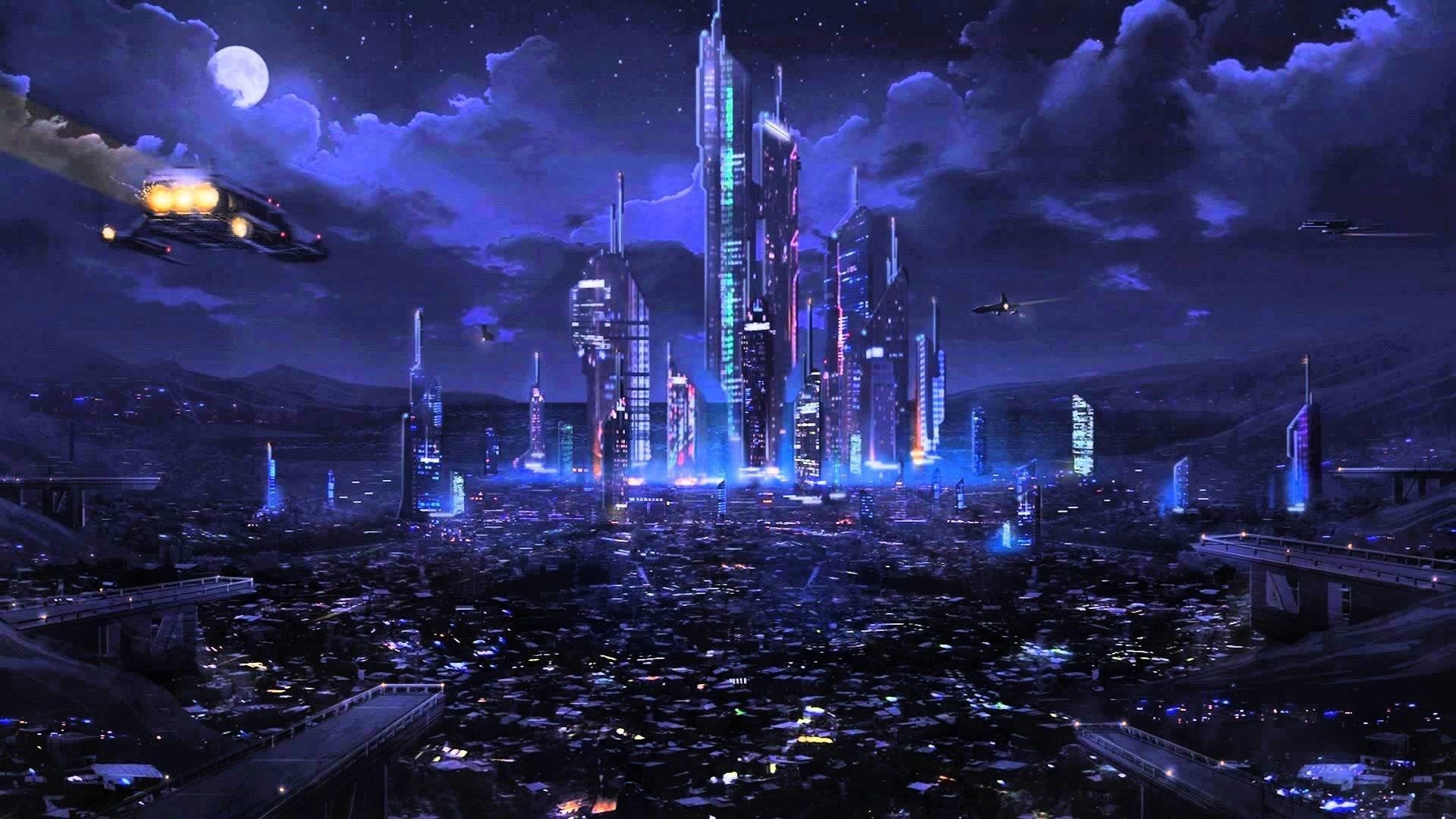 A futuristic cyberpunk city at night with towering skyscrapers, flying vehicles, and glowing neon lights. The city is surrounded by a dark, mountainous landscape and a full moon illuminates the scene