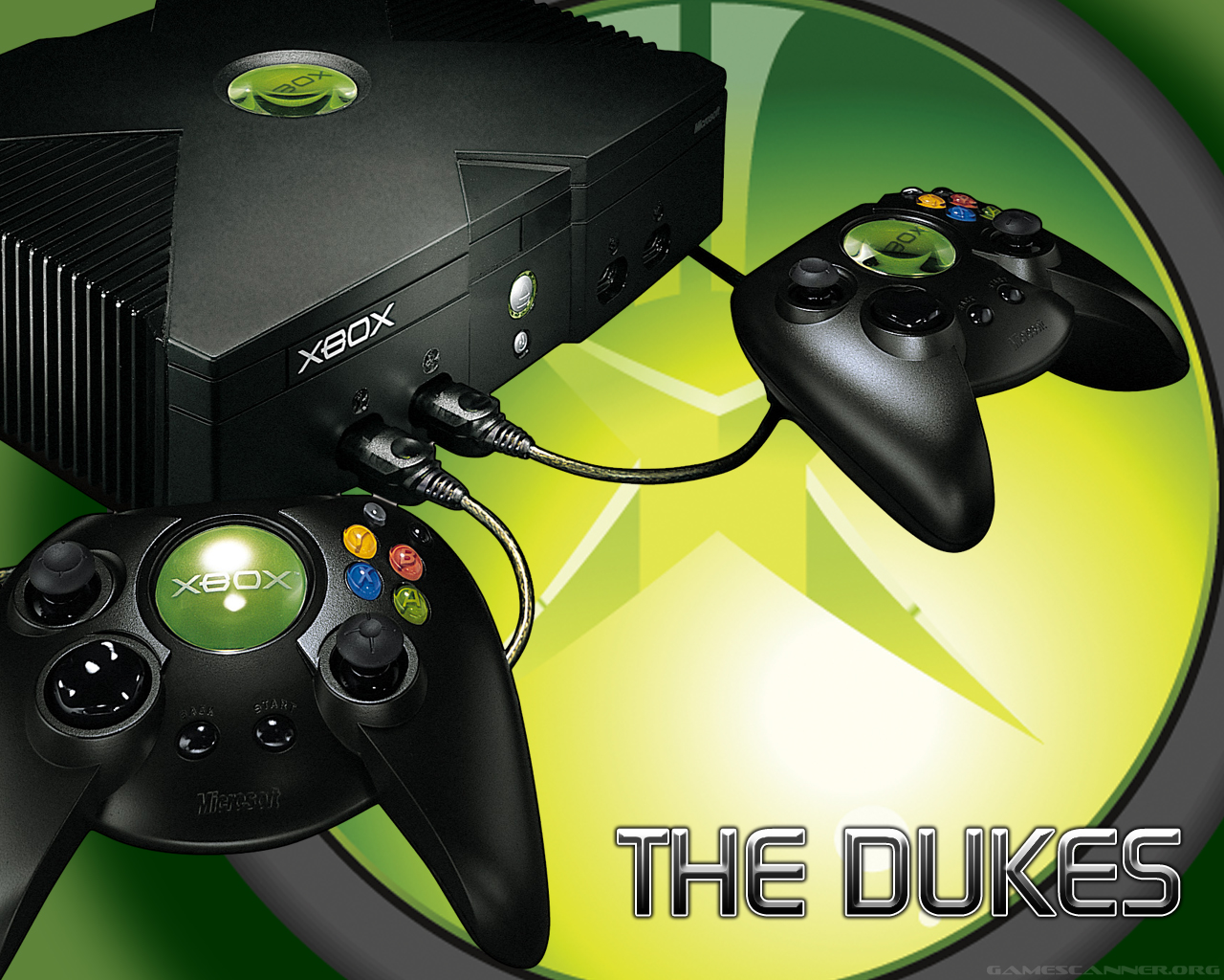 Original Xbox console with two controllers, showcasing the iconic design and branding