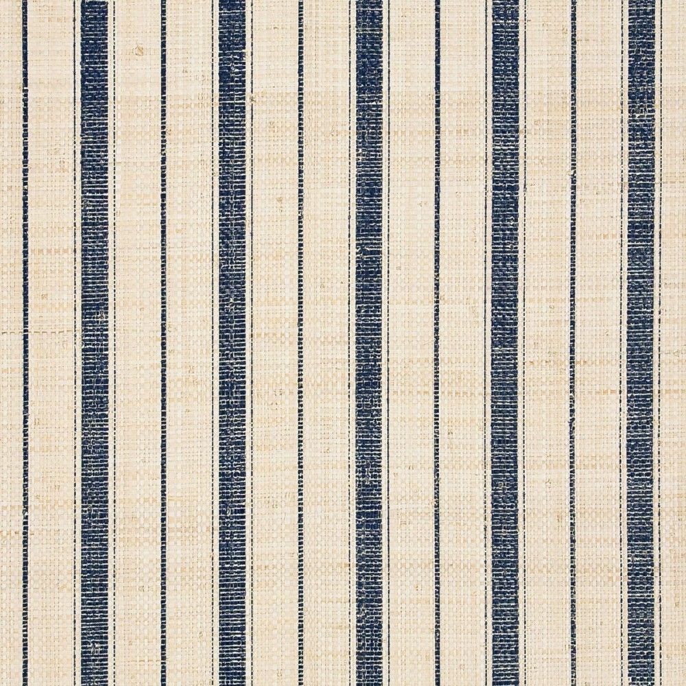 Navy Ticking Stripe Blue And Ivory Grasscloth Wallpaper