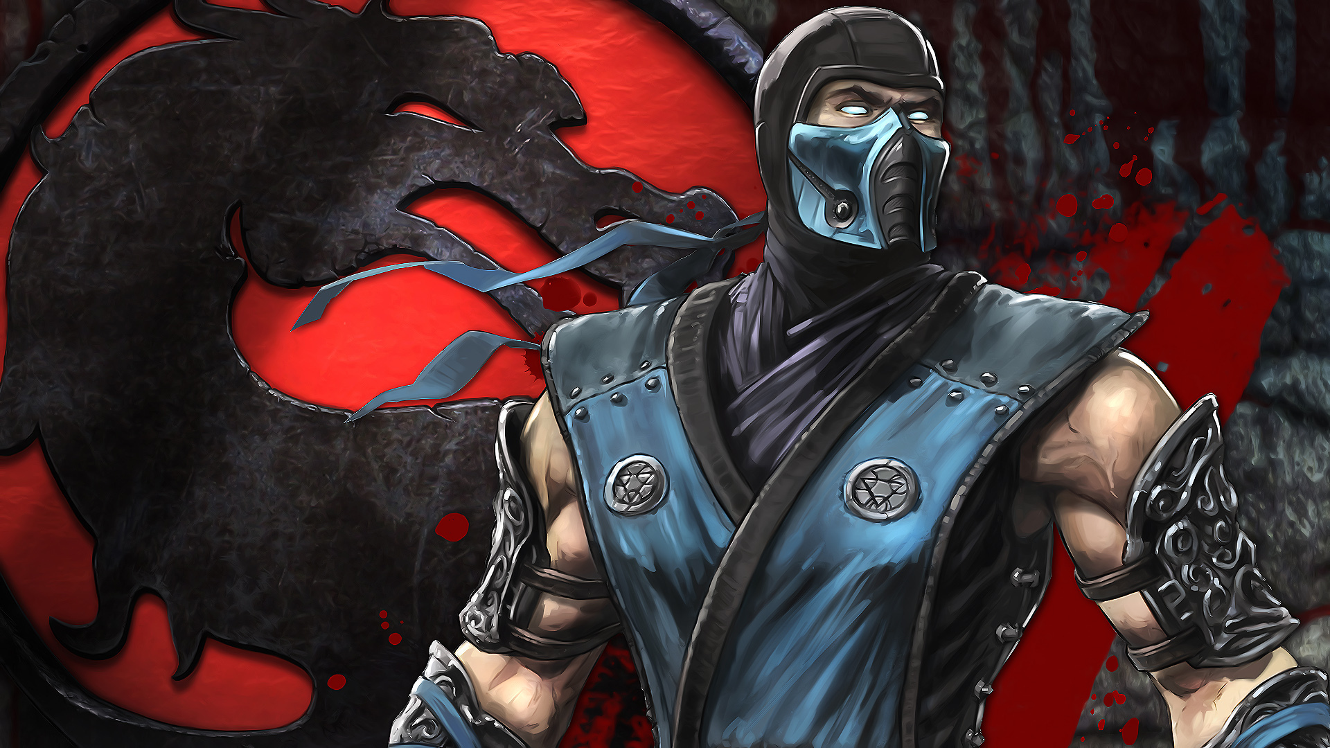 Sub-Zero, a popular Mortal Kombat character, against a backdrop of the iconic Mortal Kombat dragon logo