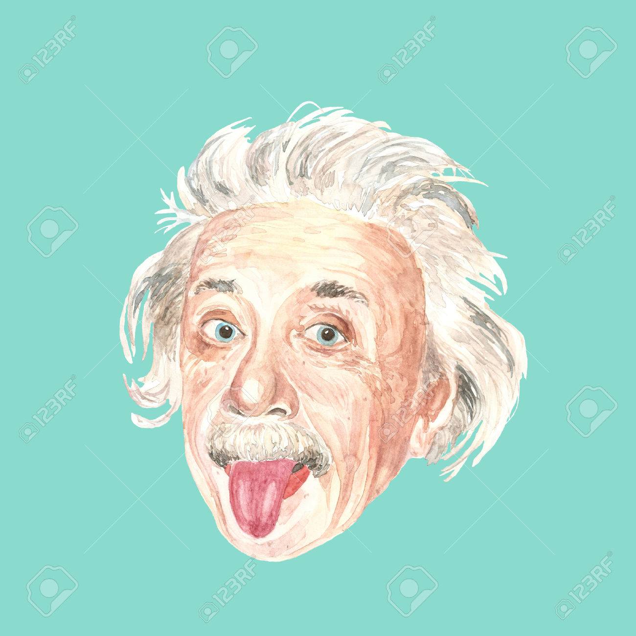 Watercolor Illustration Of Albert Einstein On Green Background