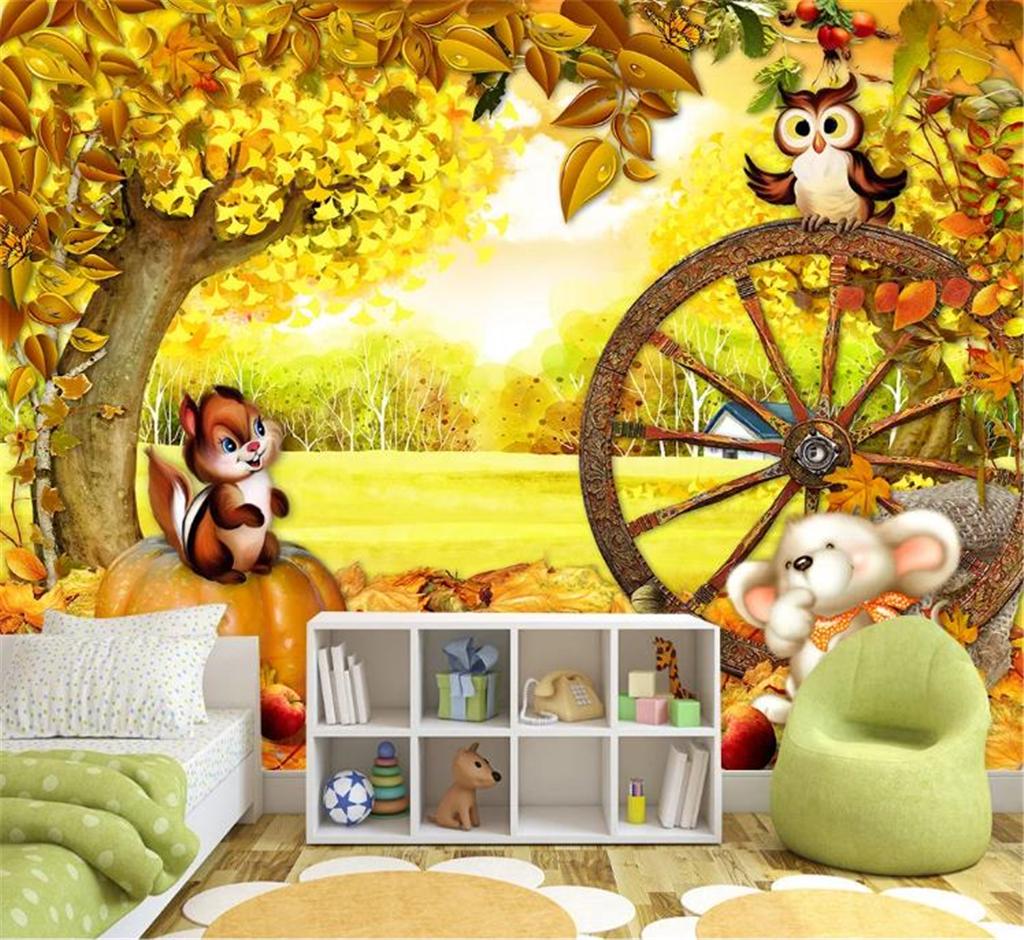 3d Wallpaper Living Room Cartoon Autumn Animal Landscape Childrens