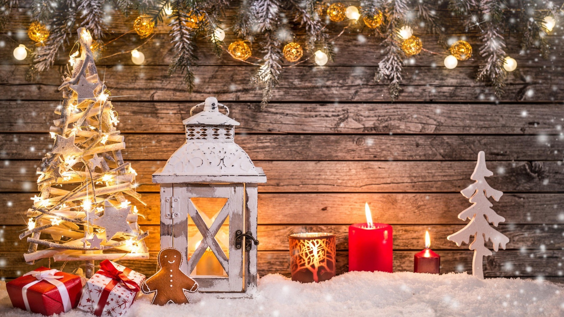 Rustic Christmas Scene with Wooden Tree, Lantern, and Candles