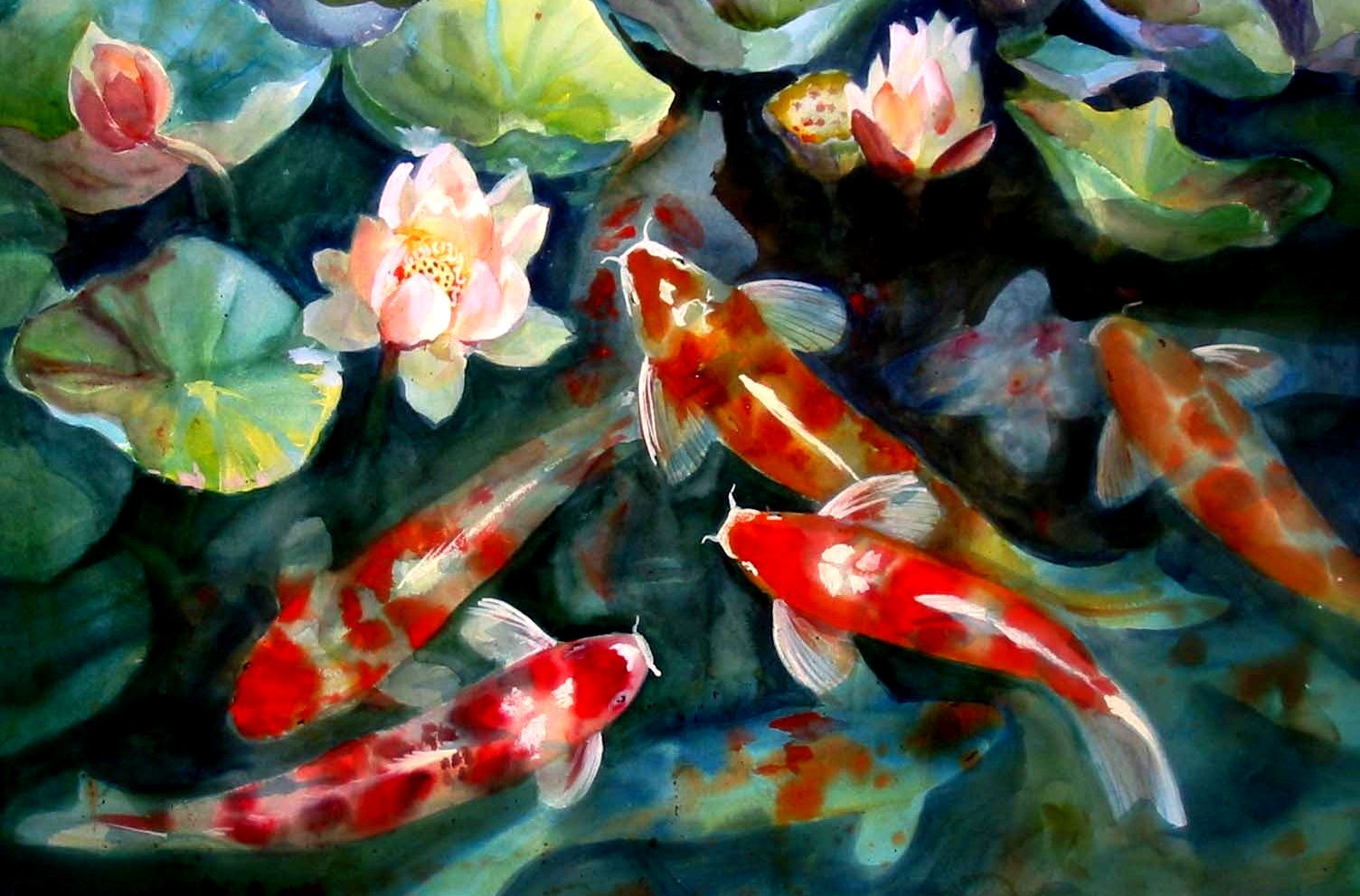 Water Fish Pond Koi Artwork Lotus Flower Watercolor Art HD Wallpaper