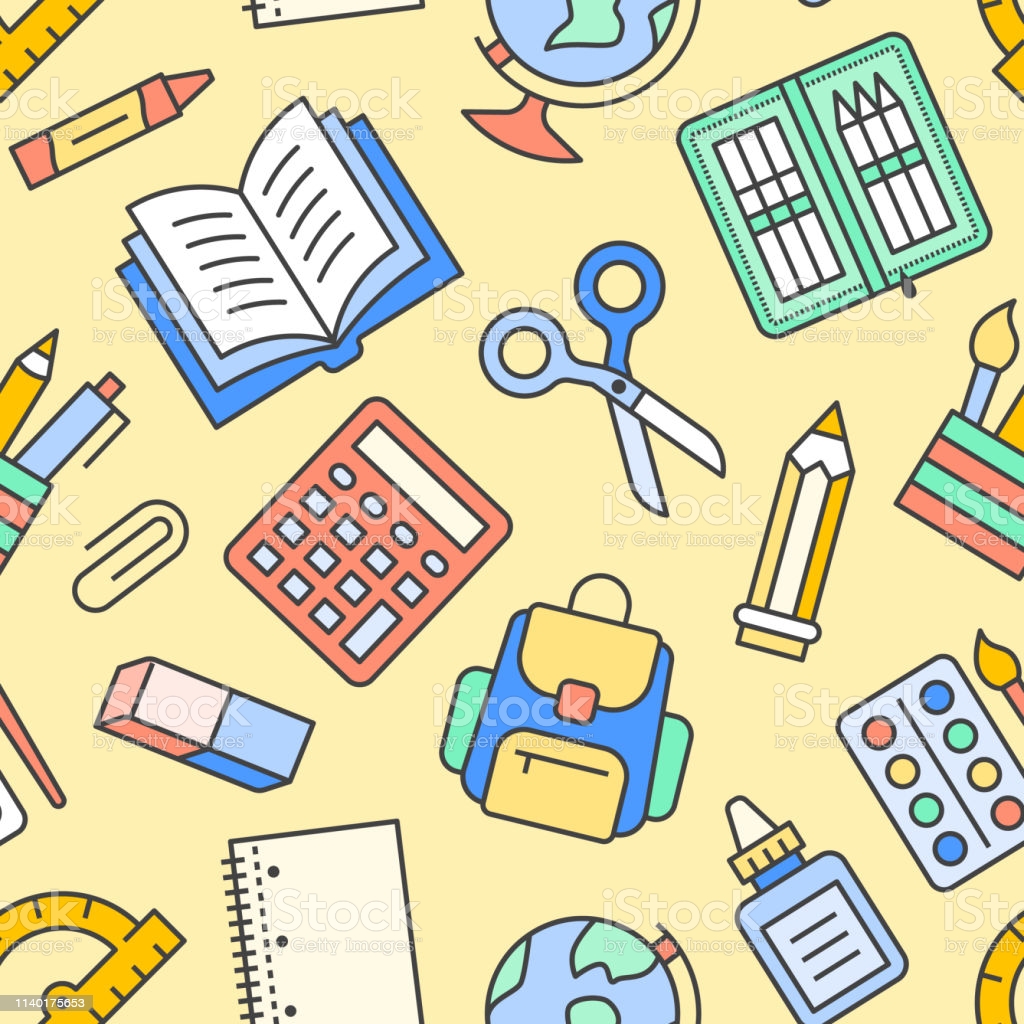 School Supplies Seamless Pattern With Line Icons Study Tools