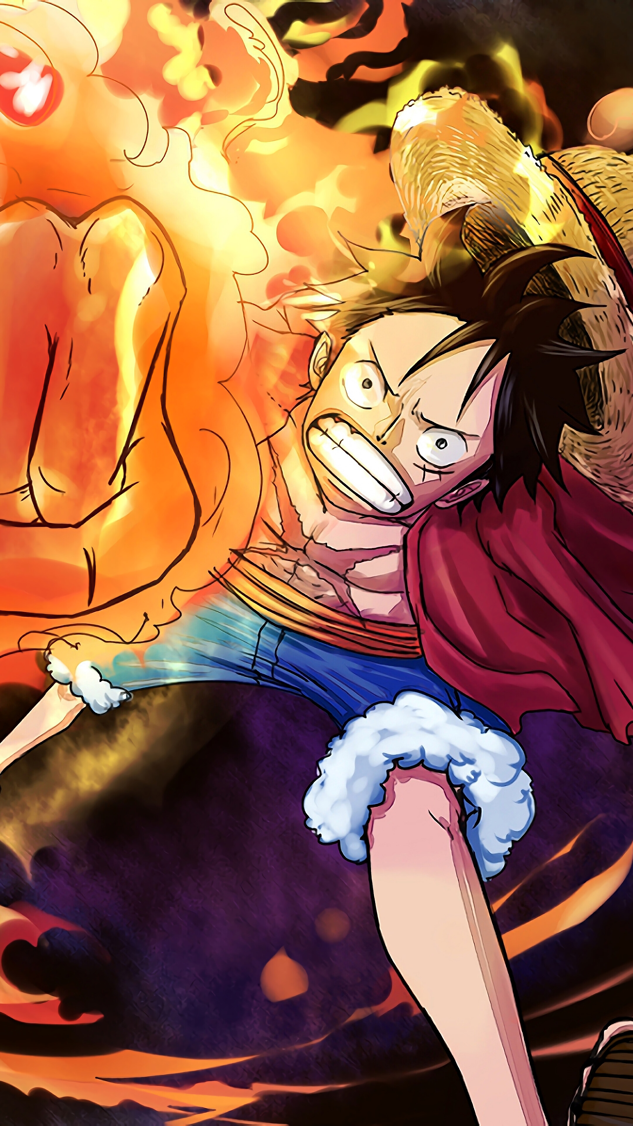Dynamic illustration of Monkey D. Luffy from One Piece, mid-attack with fiery effects