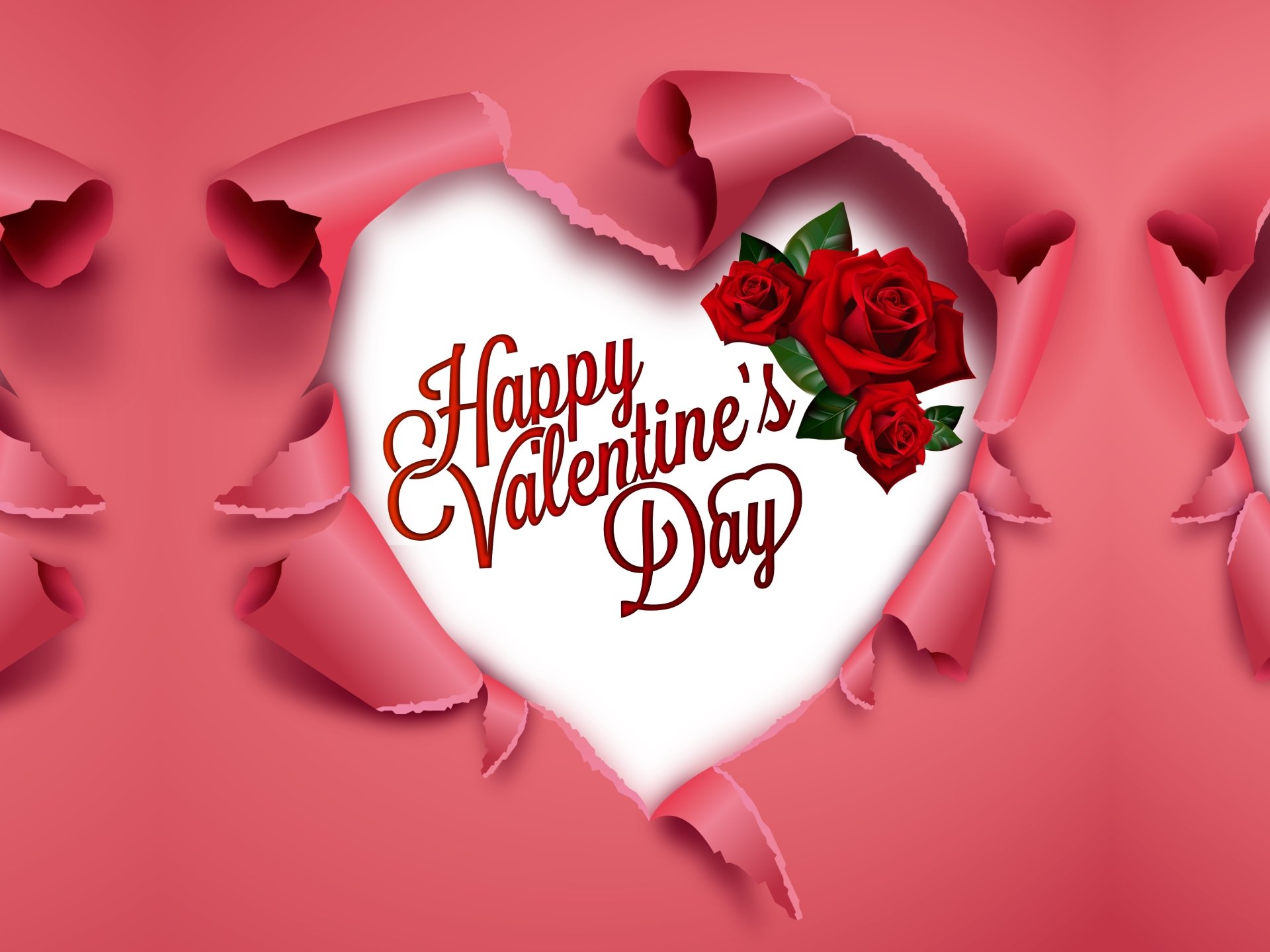 A heart-shaped hole in pink paper reveals a bouquet of red roses and the message 
