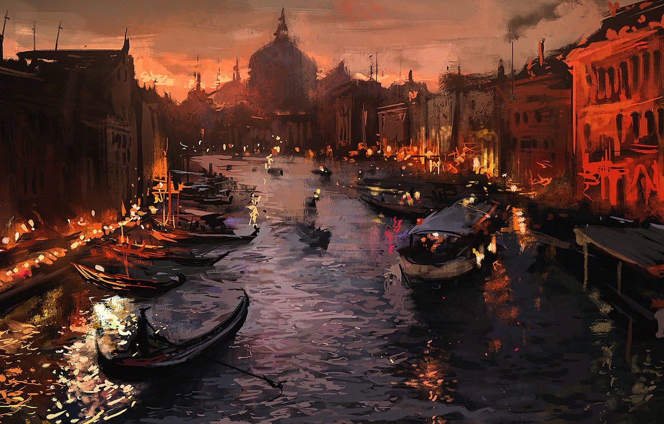 Wallpaper the city lights river boat the evening Venice art