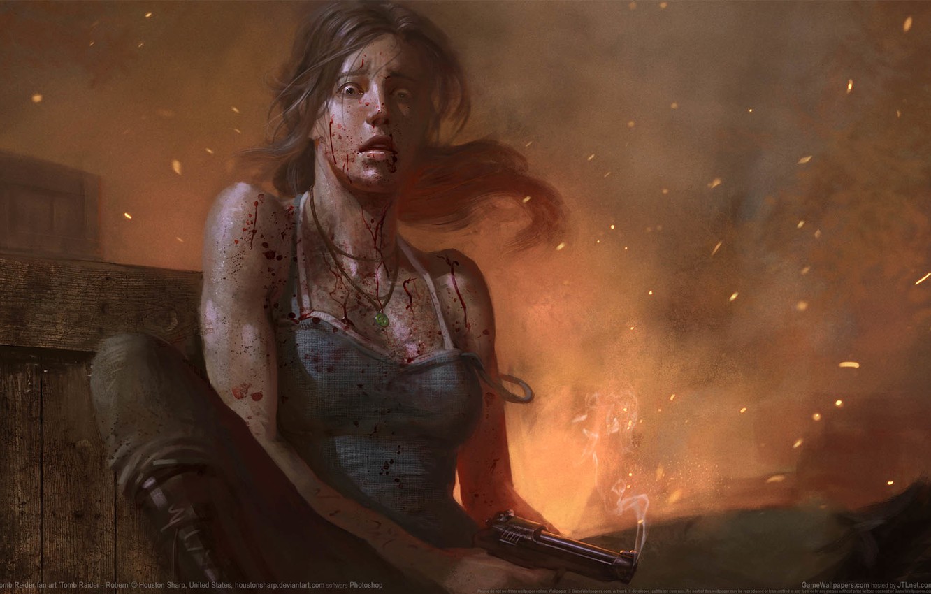 Wallpaper girl squirt weapons blood Lara Croft game