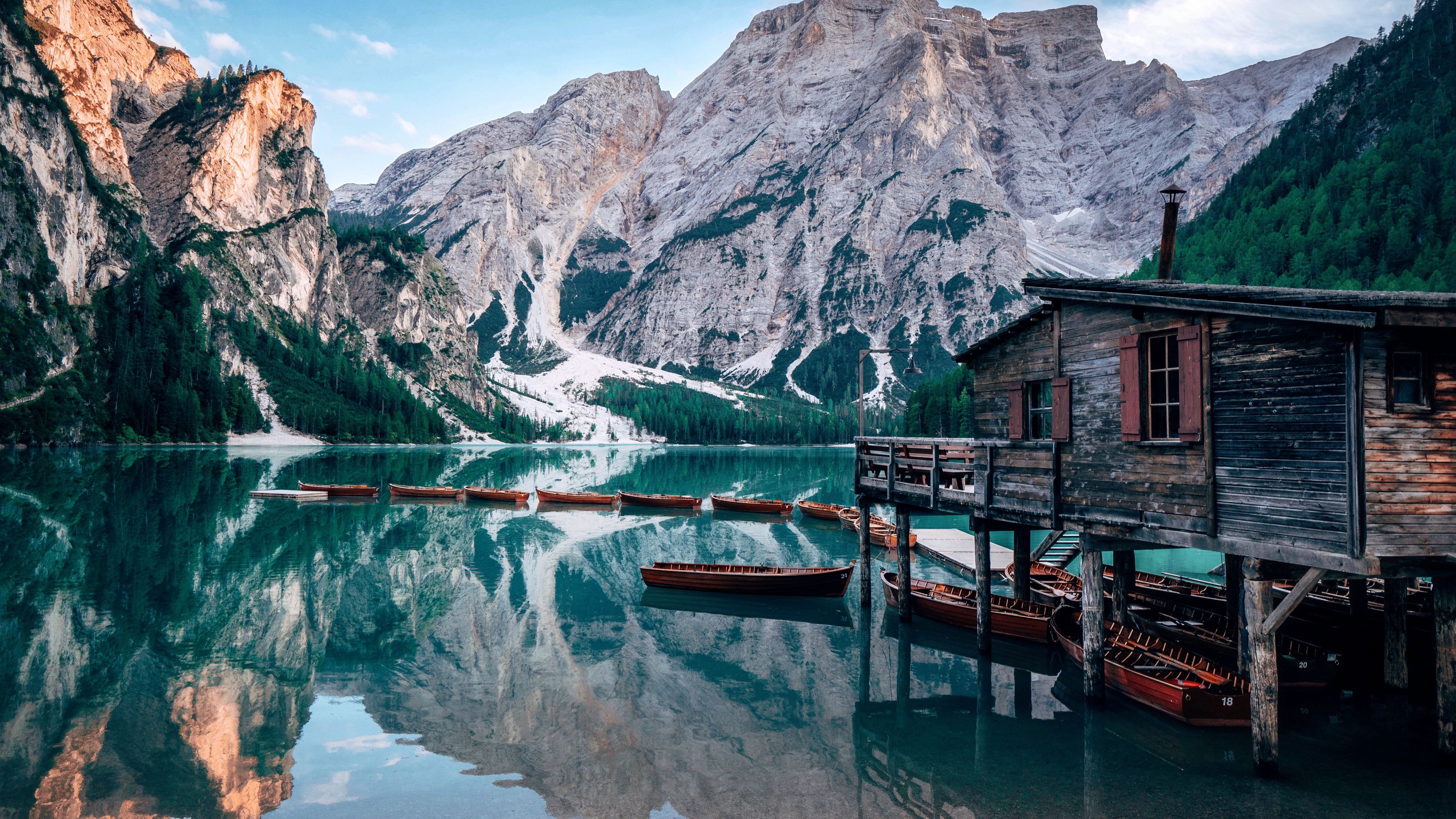Lake Mountains House Boats Landscape Travel 4k HD Wallpaper