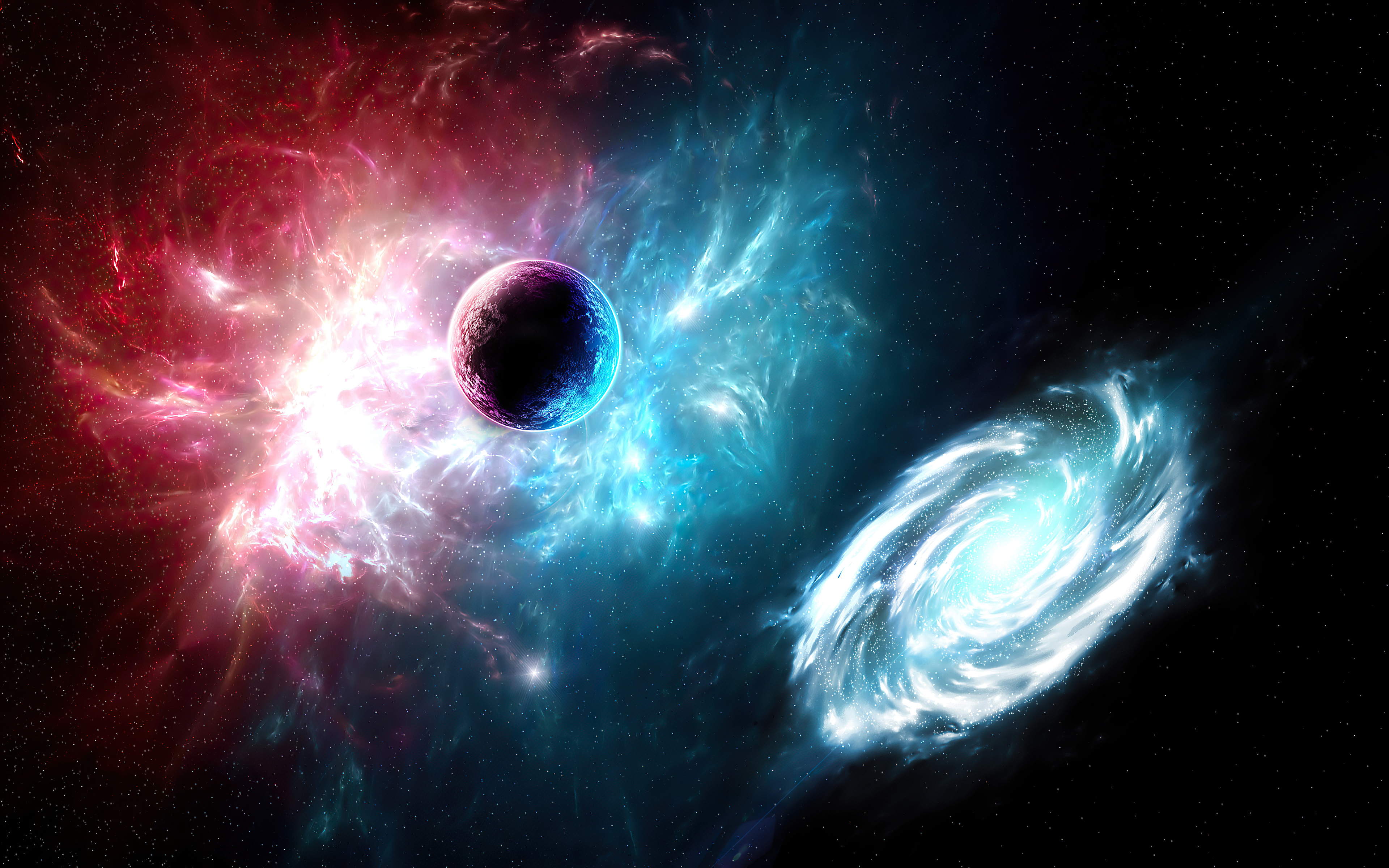 Vivid 4k space wallpaper featuring a dark planet against a backdrop of red and blue nebulae, with a swirling white galaxy in the distance