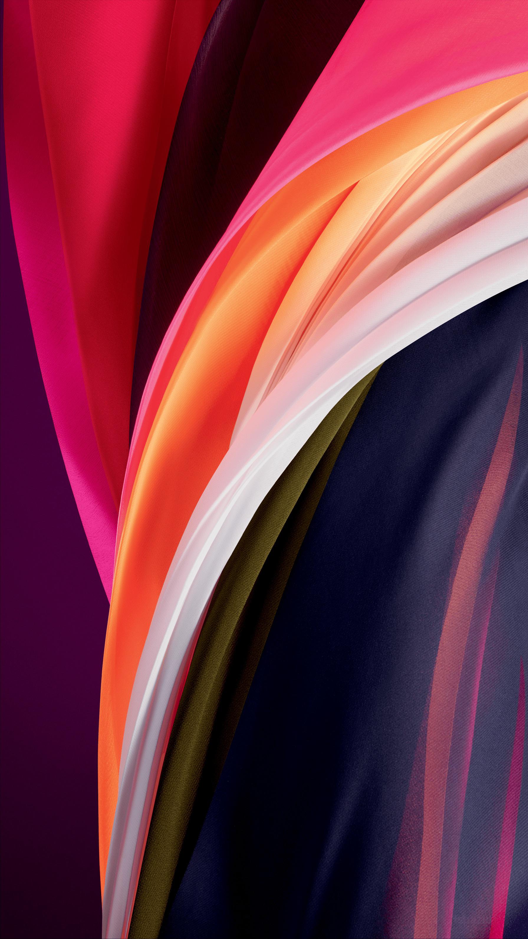Close-up of vibrant, flowing fabrics in shades of pink, orange, white, olive green, and dark blue, resembling a dynamic abstract art piece, suitable for an iPhone 16 wallpaper