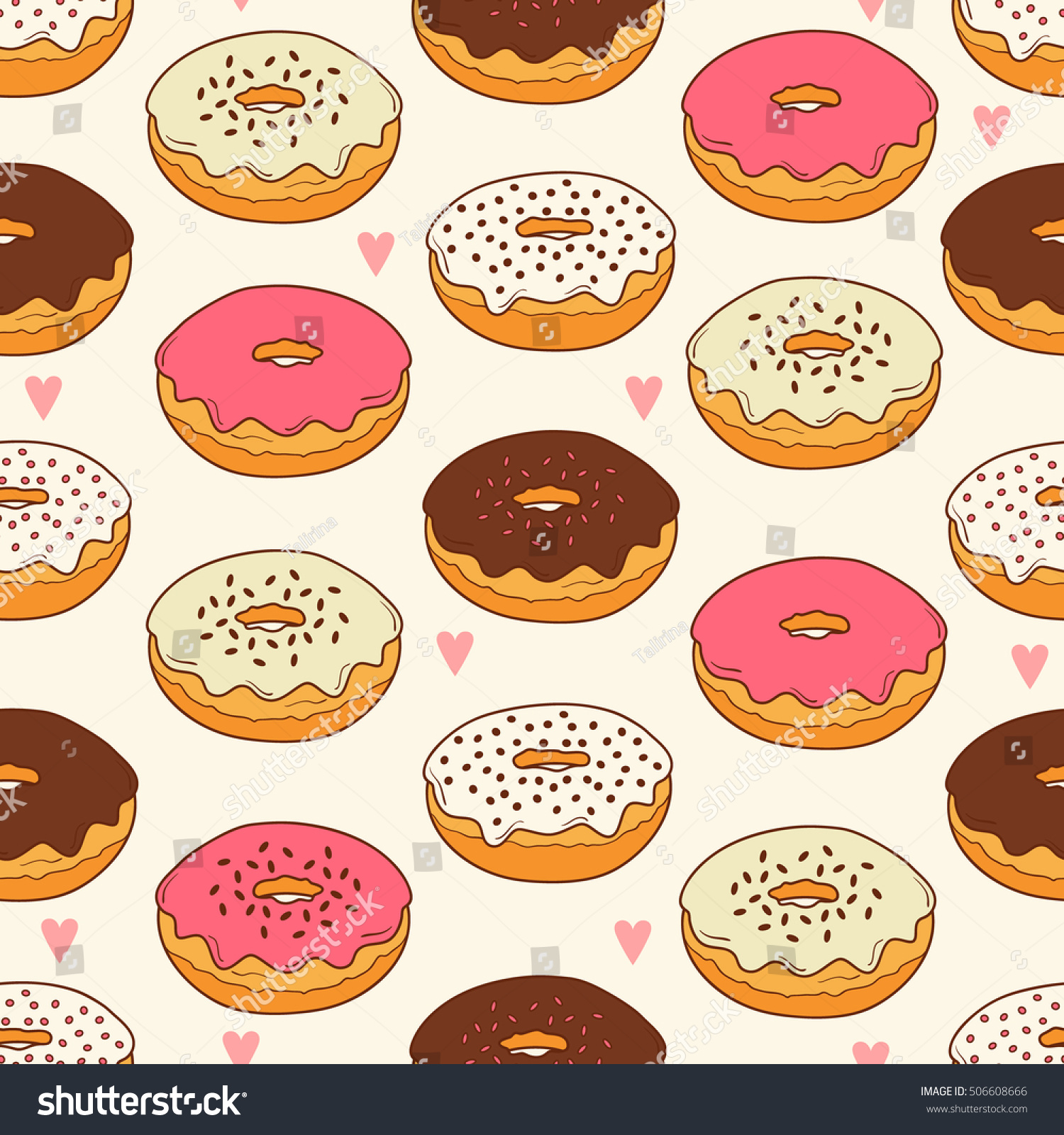 Hand Drawn Donuts Seamless Pattern Vector Stock