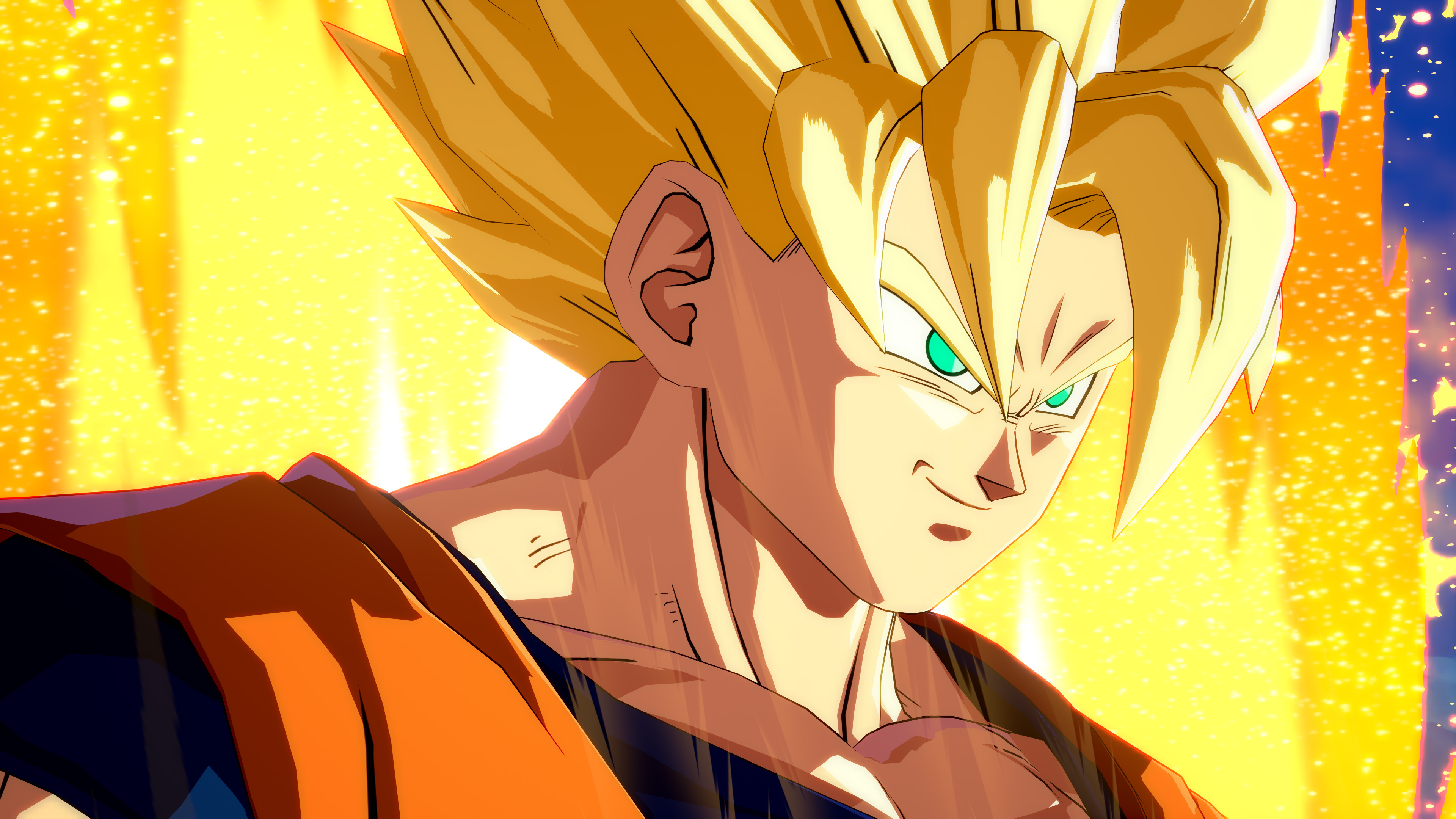 Close-up of Super Saiyan Goku with a determined expression, glowing with golden energy