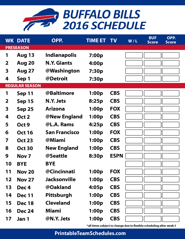 Printable 2019-2020 Buffalo Bills Schedule