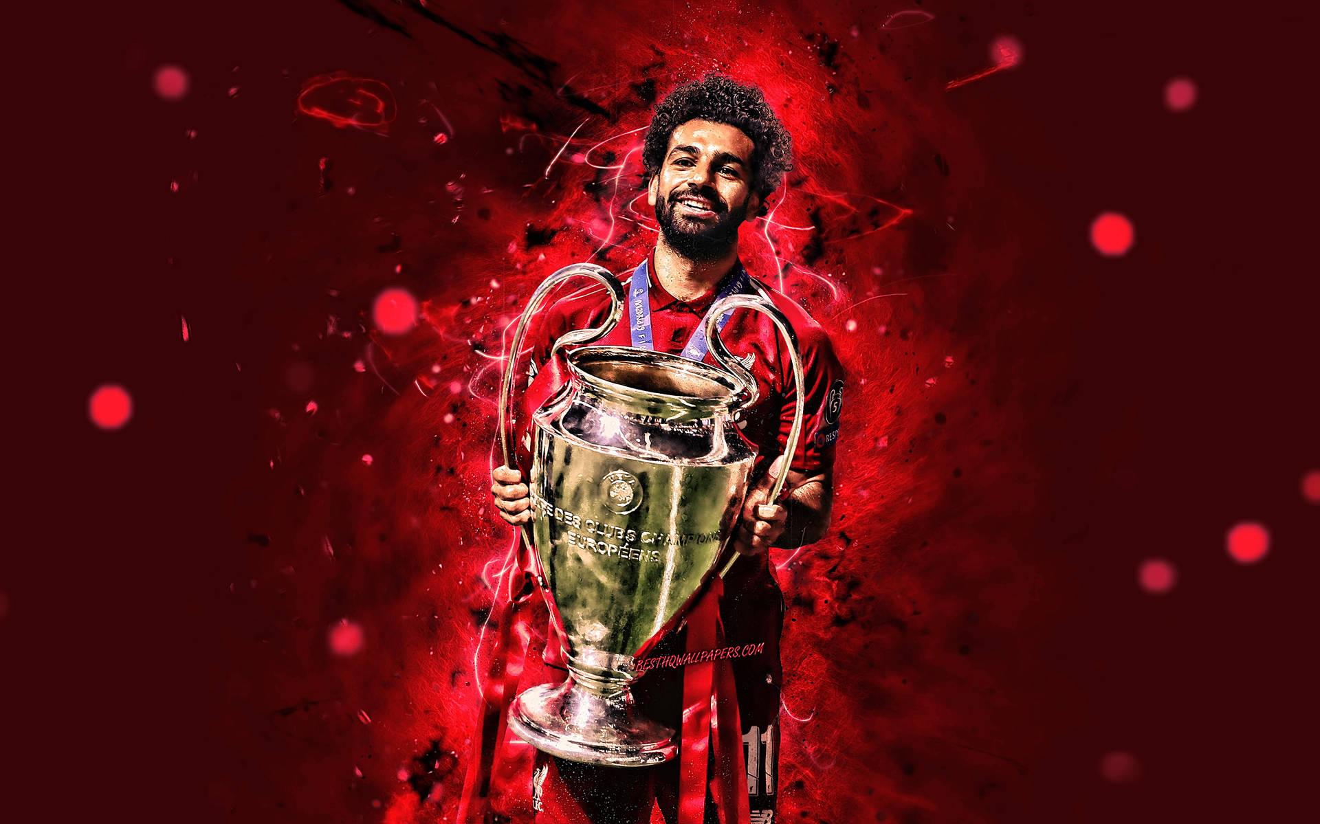 Download Liverpool 4K Salah Holding Trophy Wallpaper
