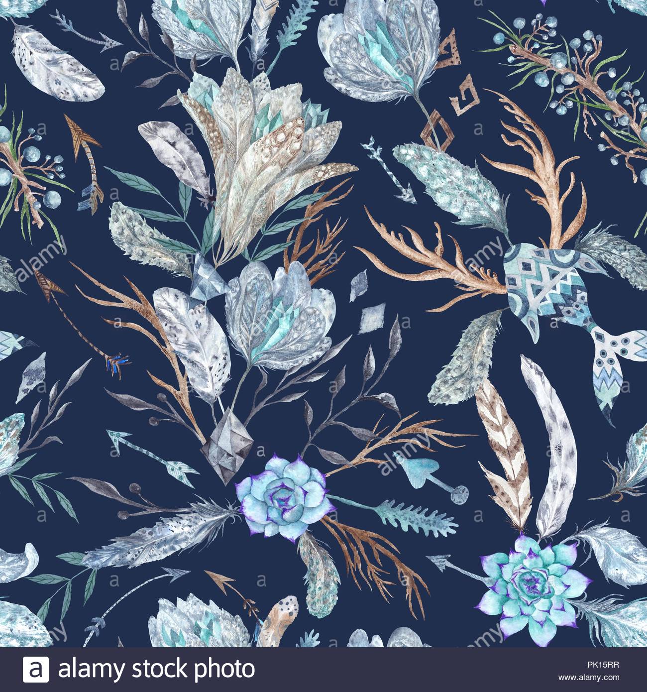 Seamless Texture With Feathers Flowers And Crystals Isolated On