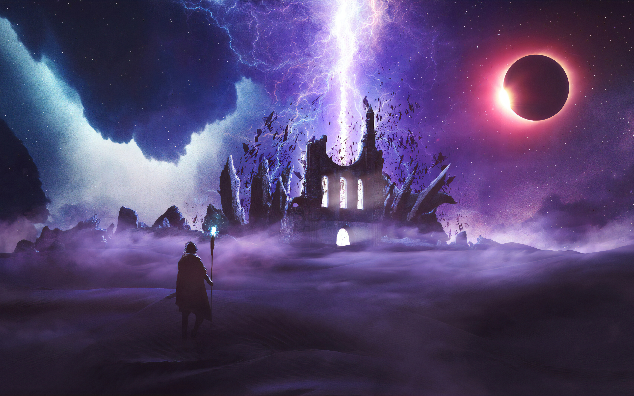 Wallpaper Of Beam Man Moon Night Staff Wizard Background HD
