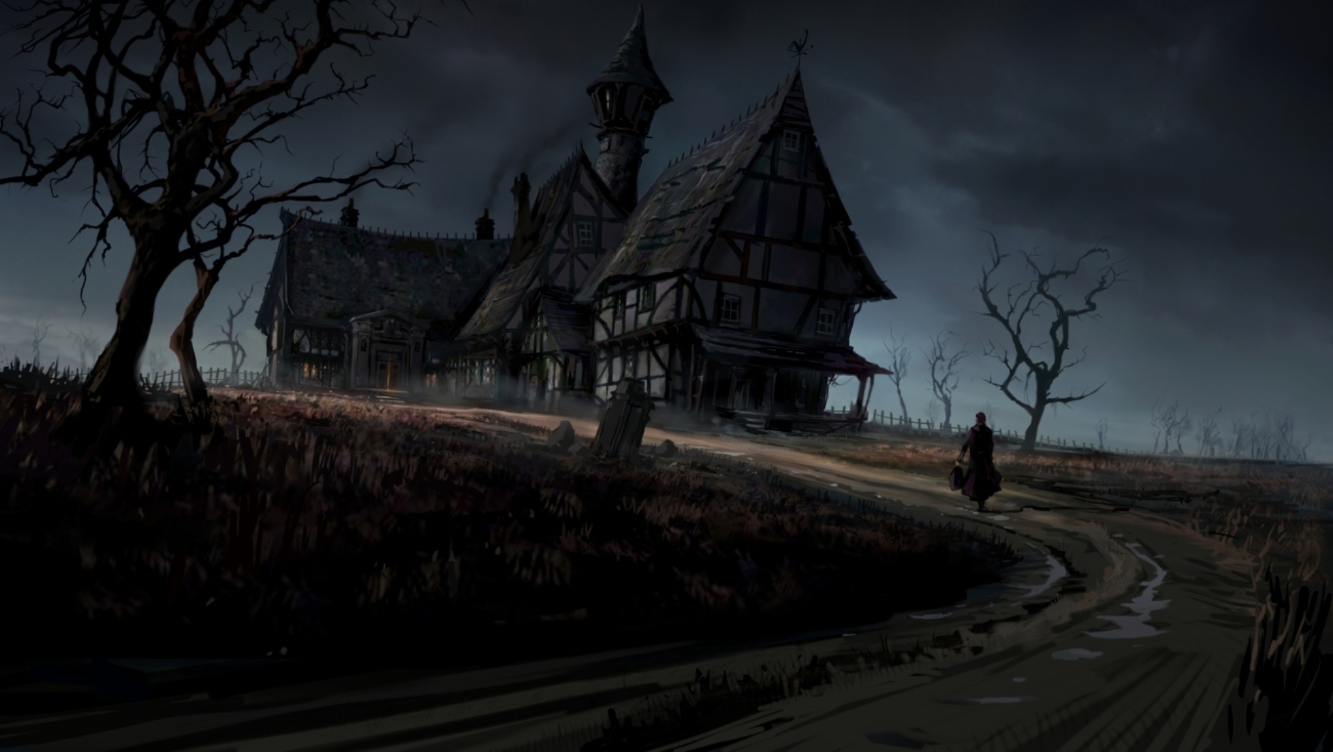 Dark Haunted Horror Gothic House Storm Rain Art Wallpaper Background