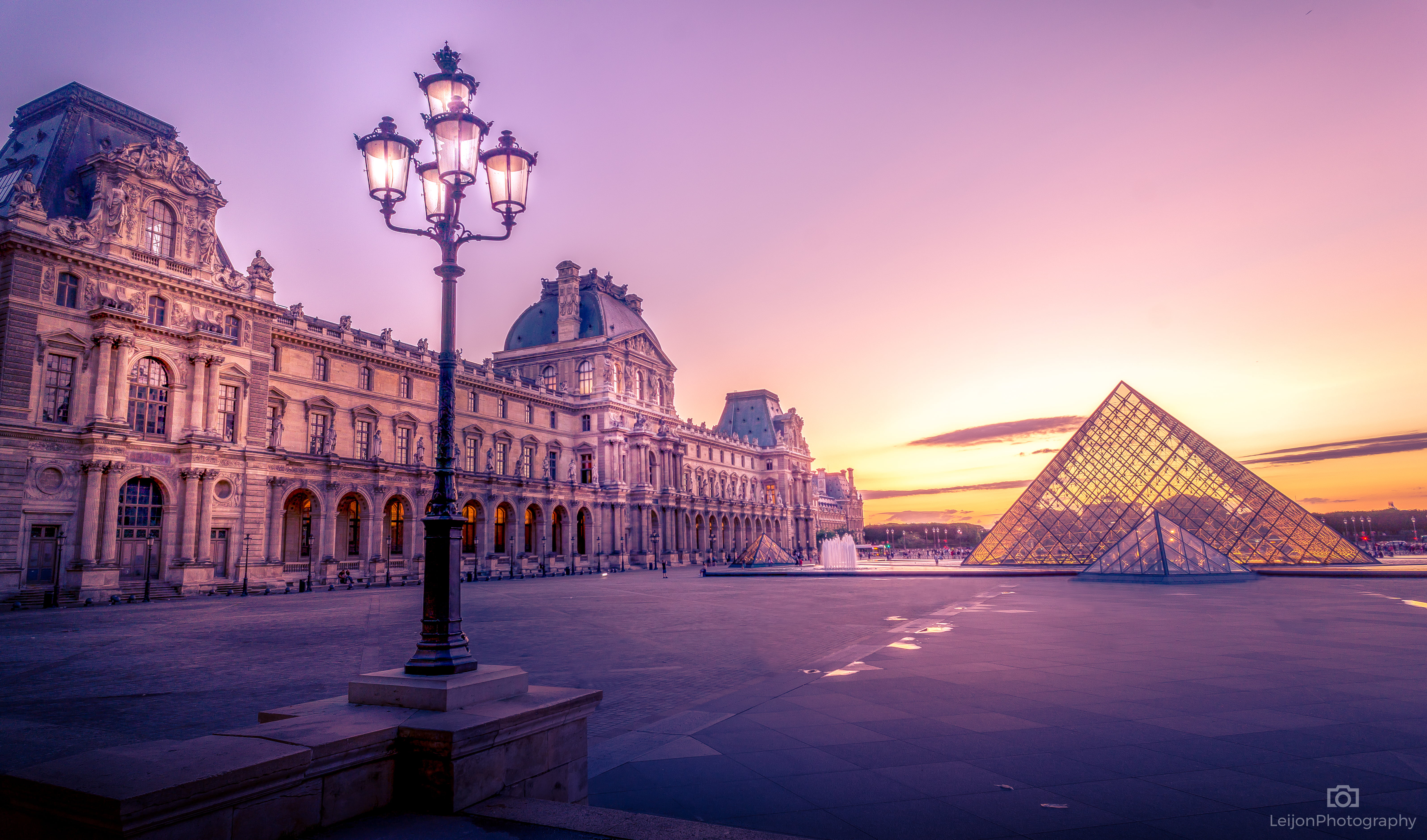 Louvre Pyramid Glass Near Building During Sungset HD Wallpaper