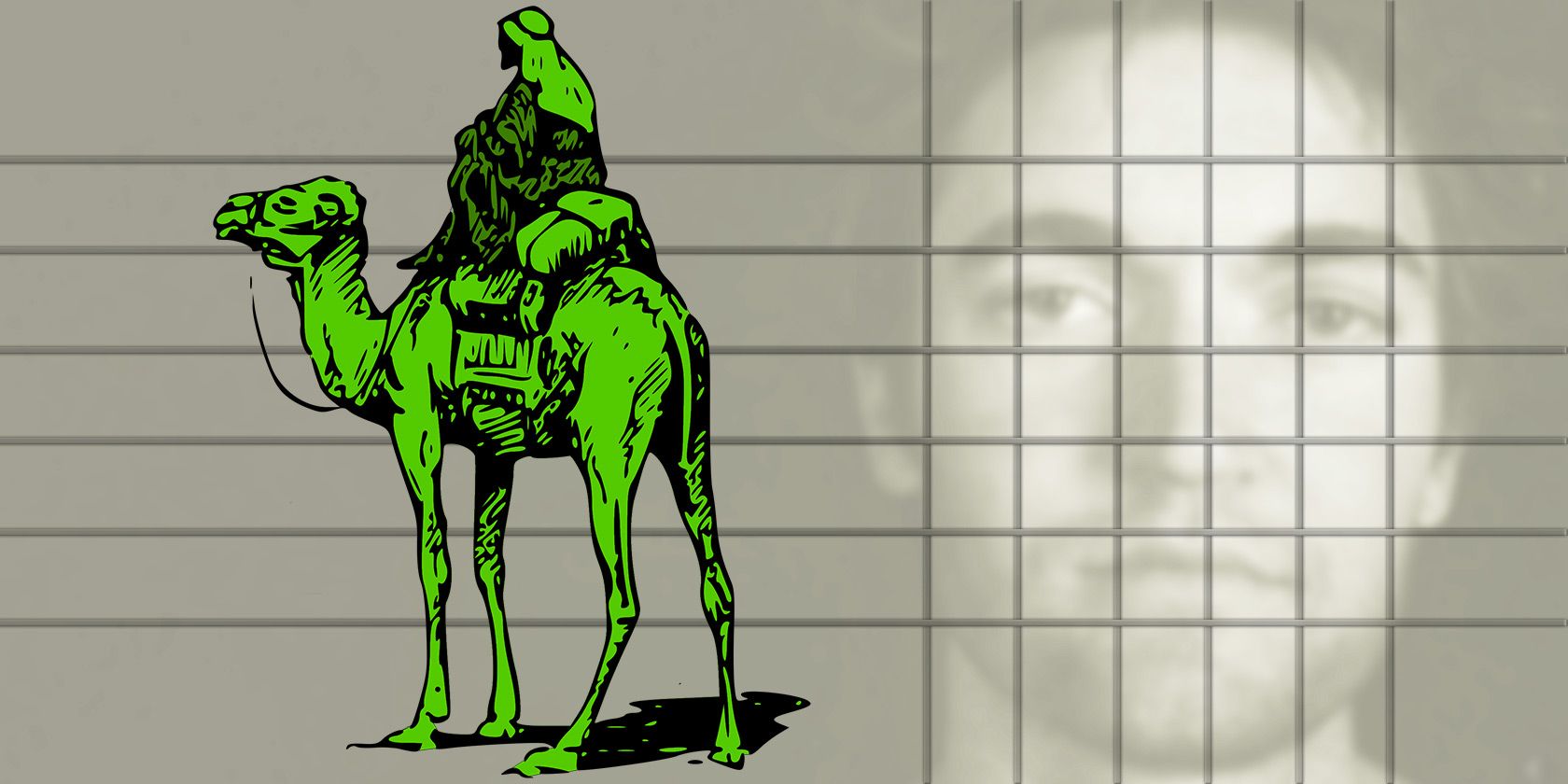 A symbolic representation of Ross Ulbricht's journey through the Silk Road, depicted by a figure riding a camel, juxtaposed with his image behind bars