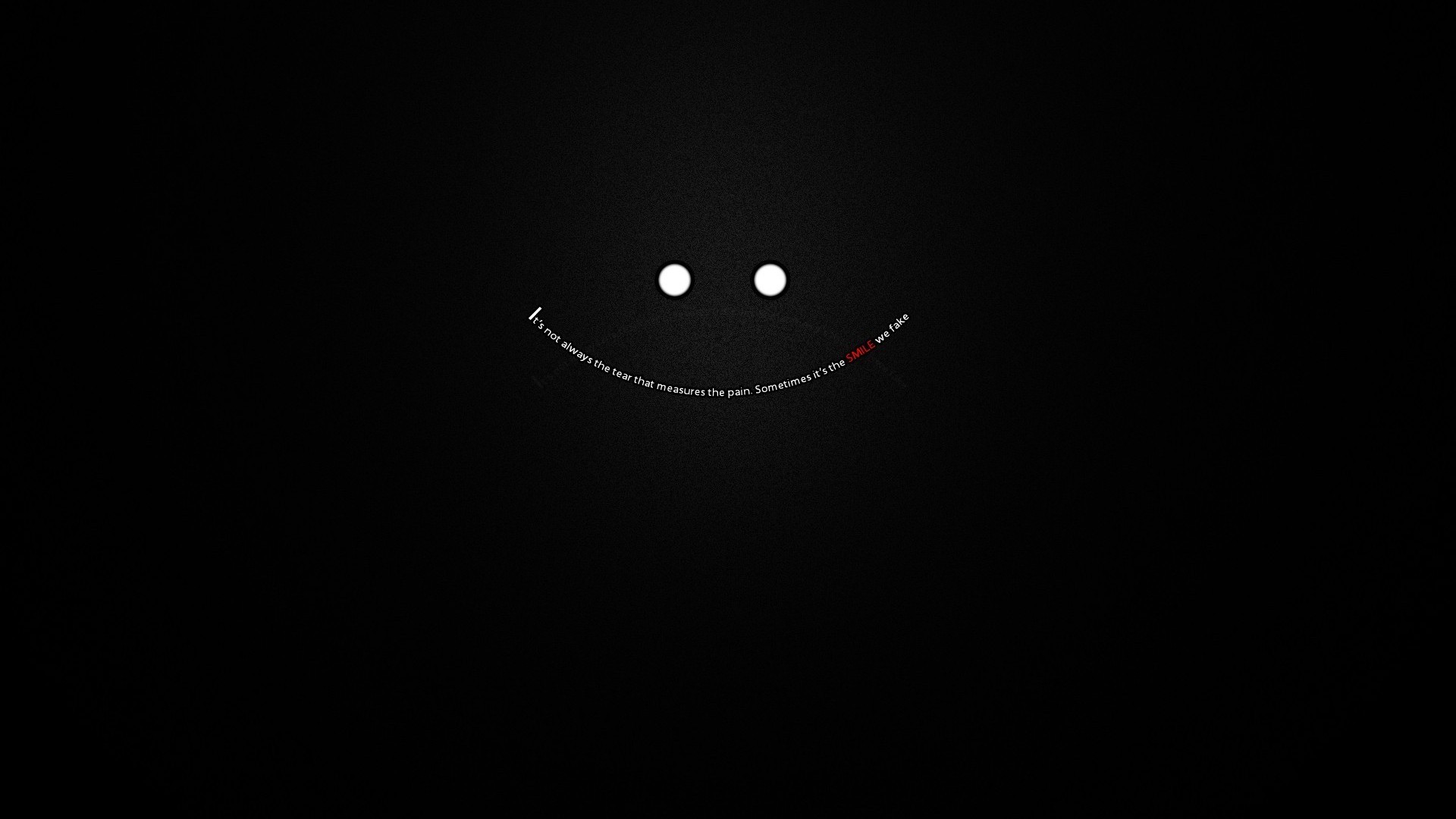 A minimalist dark wallpaper featuring a smiley face created with text and two white dots, conveying the message about hidden pain behind fake smiles