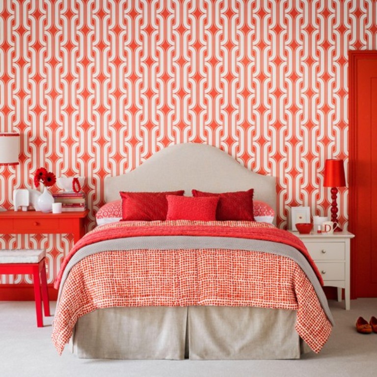 Vibrant Bedroom with Coral and Cream Geometric Wallpaper