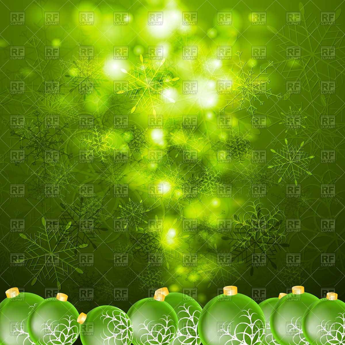 Vibrant glowing green Christmas background with balls and
