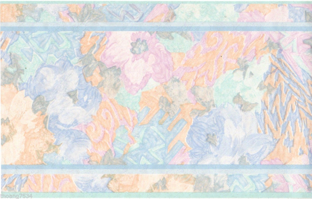 Watercolor Pastel Peach Teal Blue Pink Floral Flower Wall Paper Border