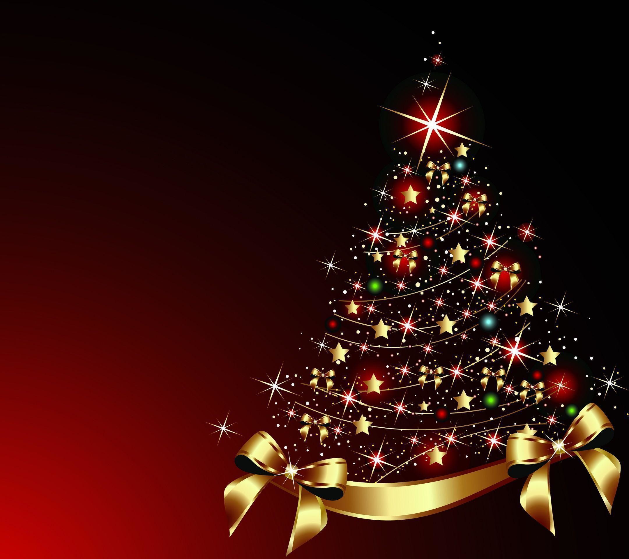 A sparkling Christmas tree with gold decorations on a deep red background