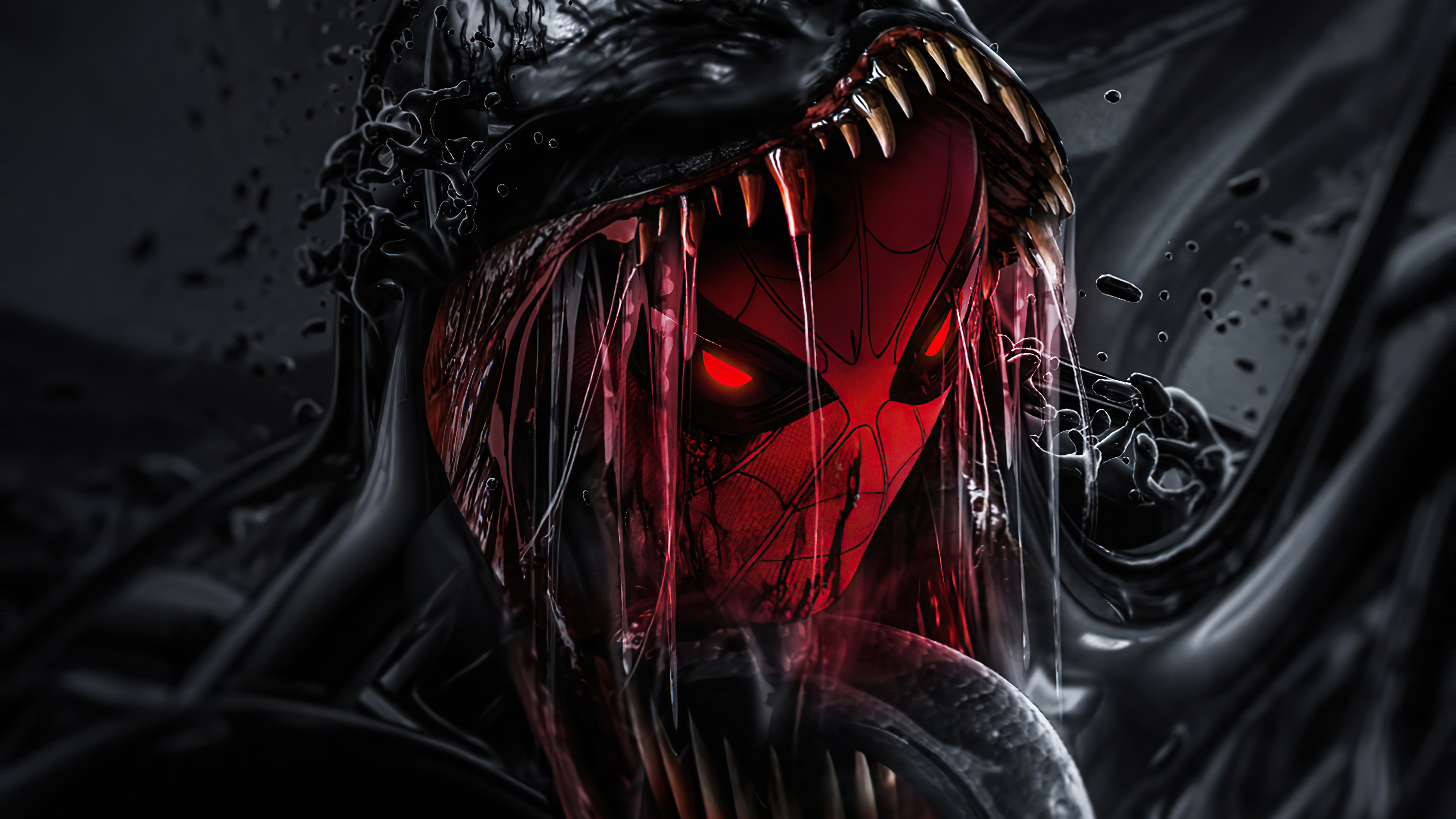 A menacing close-up of Venom's symbiote engulfing Spider-Man, with glowing red eyes and sharp teeth