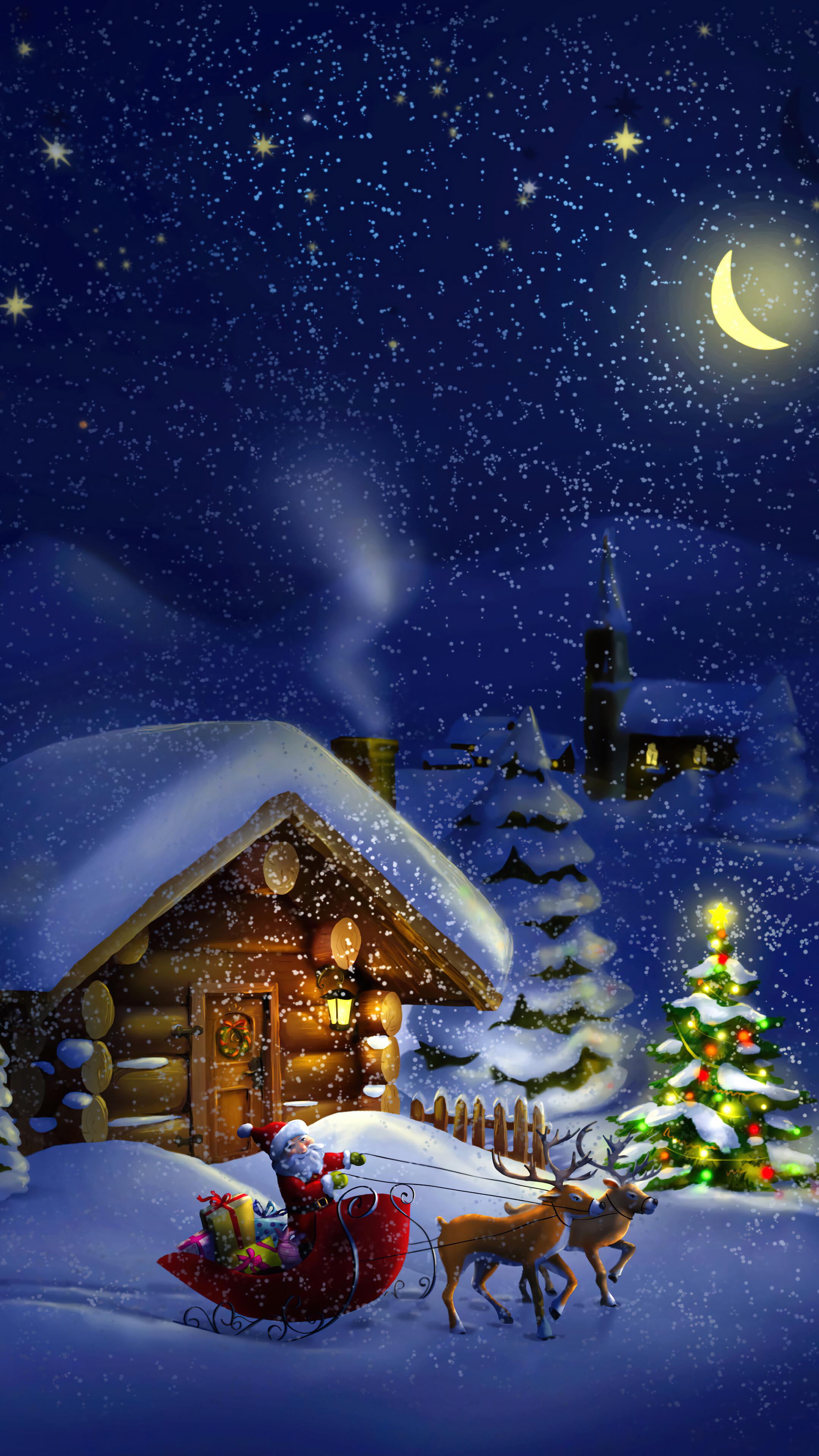 Christmas Santa Claus Reindeer Sleigh 4k Wallpaper iPhone HD Phone