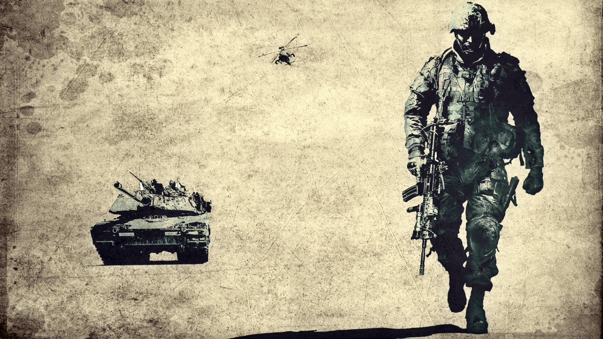 A soldier walks towards the foreground with a tank and helicopter in the background on a textured, vintage-style backdrop