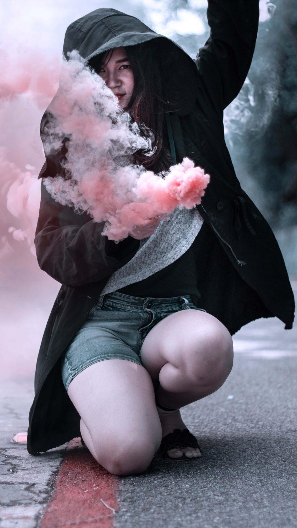 Girl Hoodie Colorful Smoke Bombs Street Portrait 4k Ultra HD