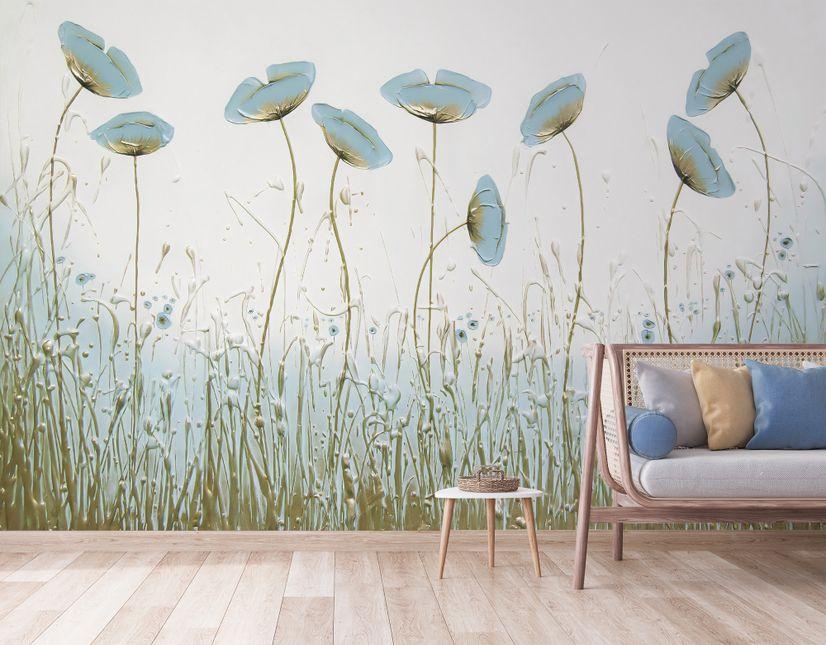Oil Painting Blue Poppy Flowers Wallpaper Mural Wallmur
