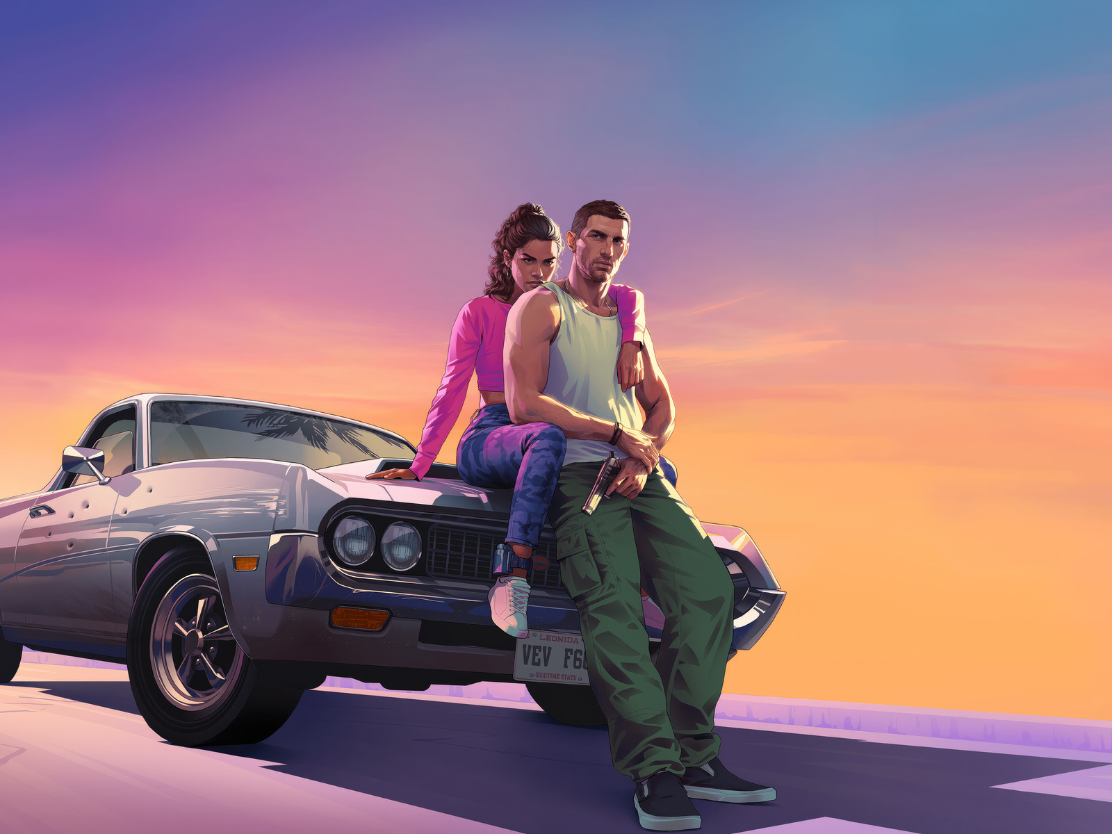 A man and a woman pose against a classic car at sunset in promotional art for Grand Theft Auto VI