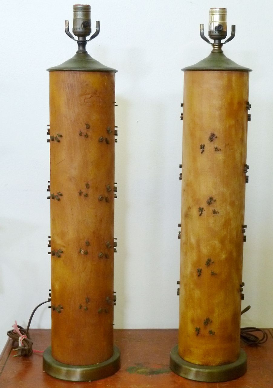 Pair Of Vintage Wallpaper Roller Wood Table Lamps Electrified And In