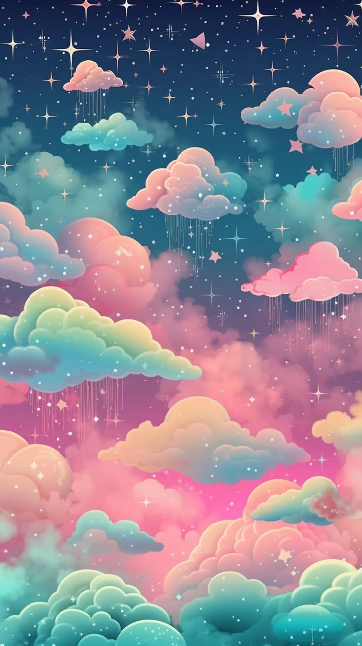 The Sky With Stars And Clouds Is Painted In Pastel Pink Blue Green Wallpaper