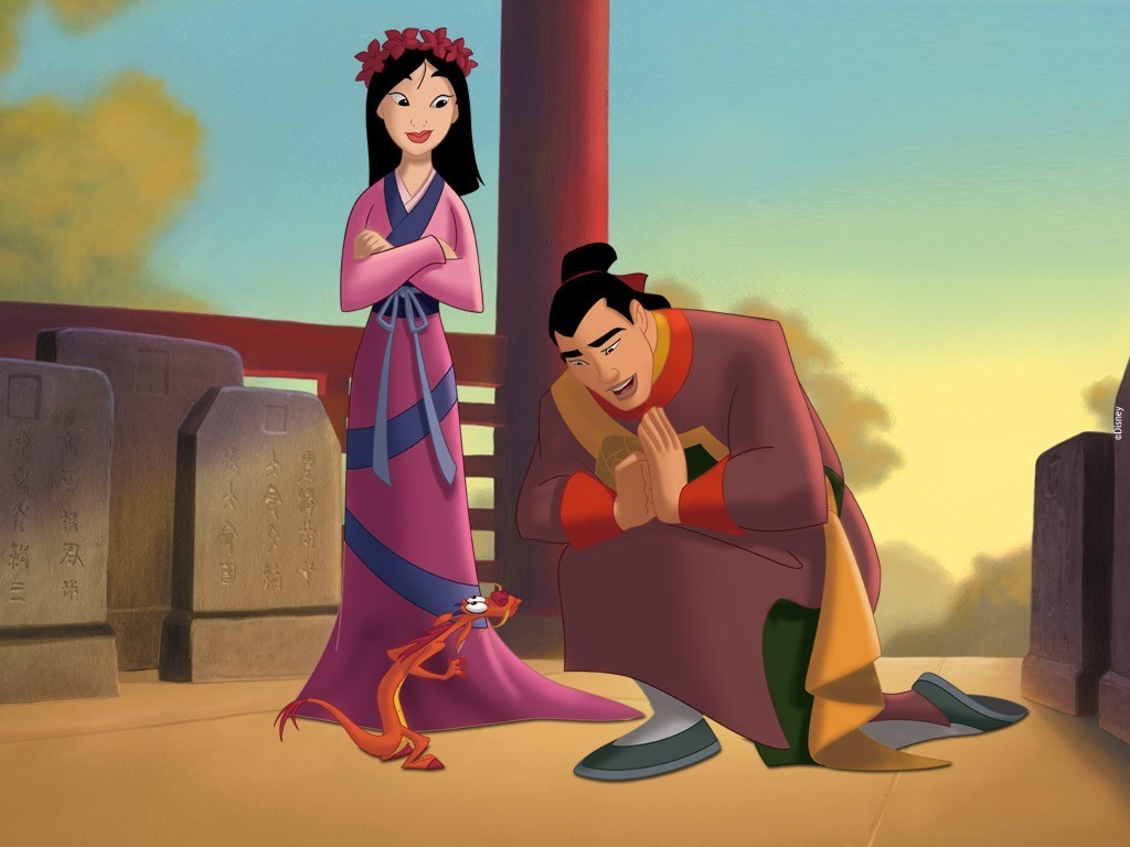 Mulan and Shang in front of stone tablets, Mushu looks up