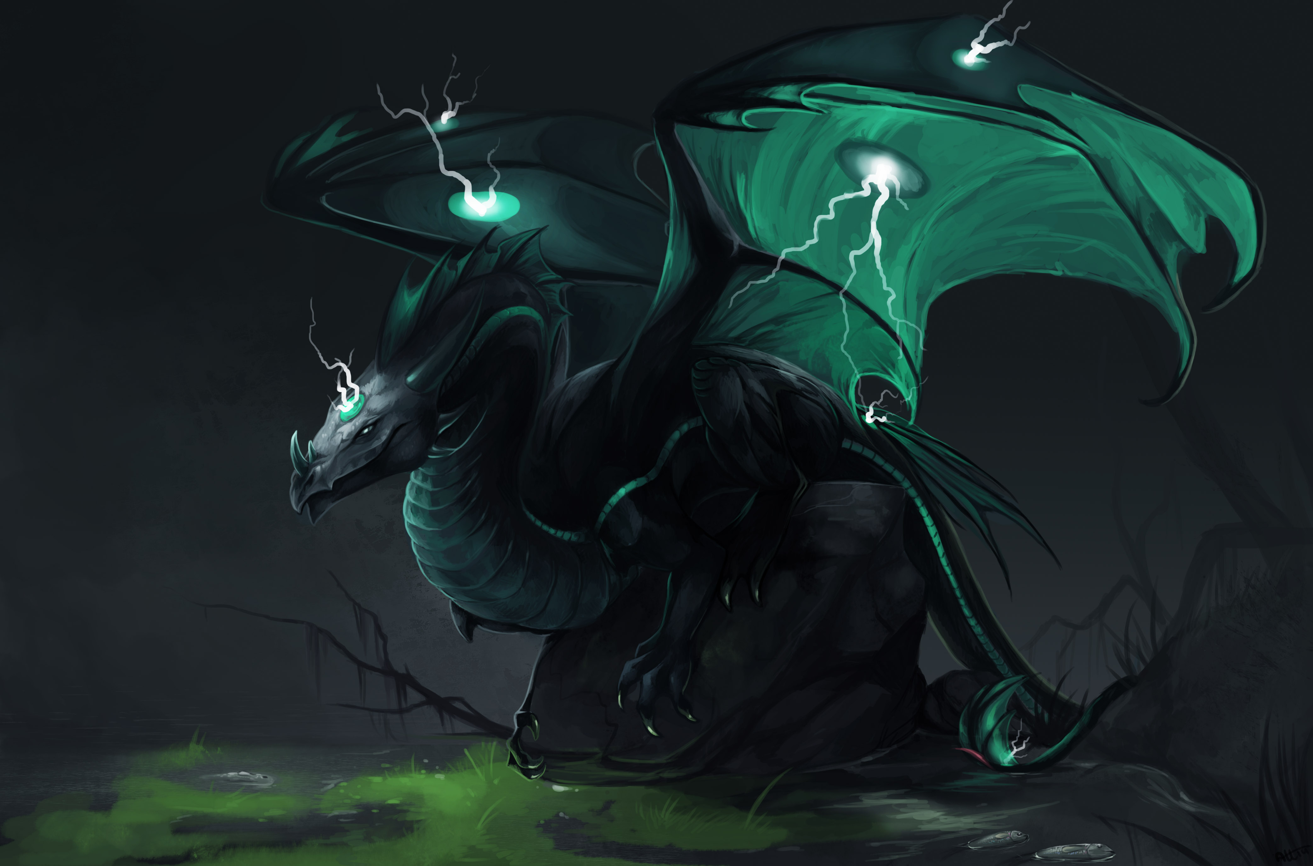 A dark, majestic dragon with glowing teal accents on its wings and horns, perched on a rock in a swampy landscape. Lightning crackles around it, adding to its mystique